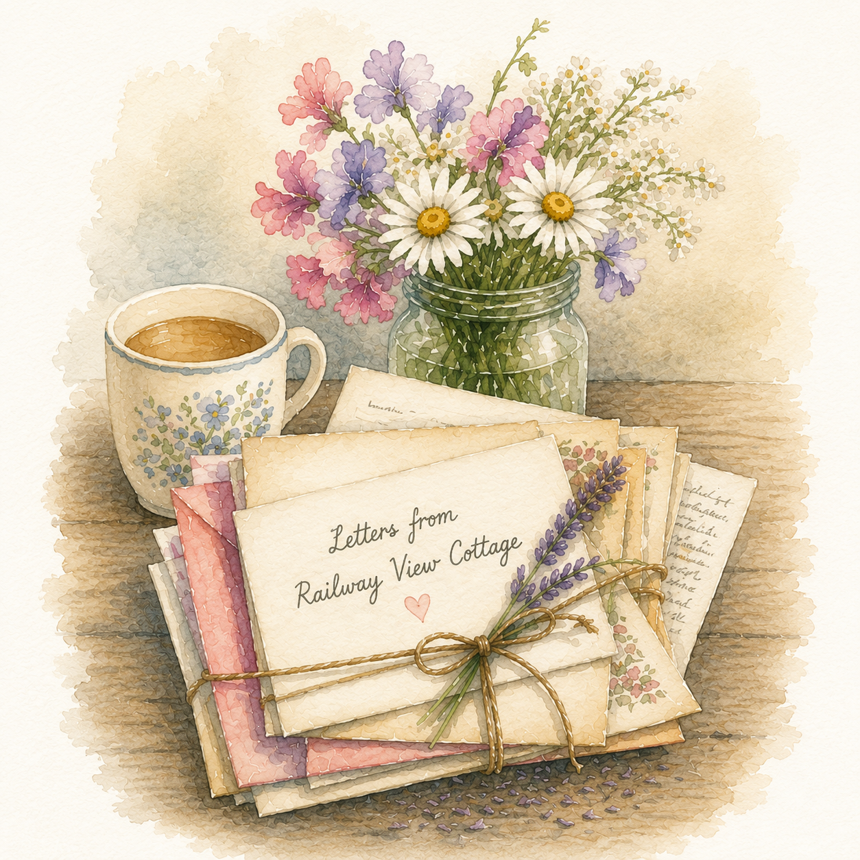 Watercolor illustration of a cozy scene with a cup of tea, a jar of wildflowers, and handwritten letters tied with twine reading 'Letters from Railway View Cottage.'