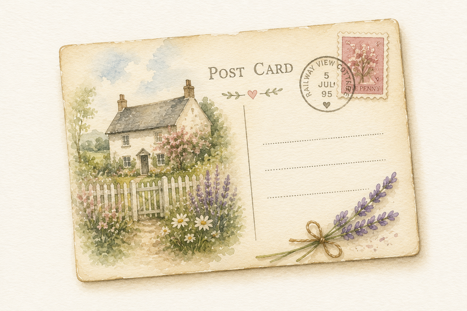 Vintage watercolor postcard with illustration of a white house, garden, and blooming flowers, with a lavender sprig tied with string in the corner.