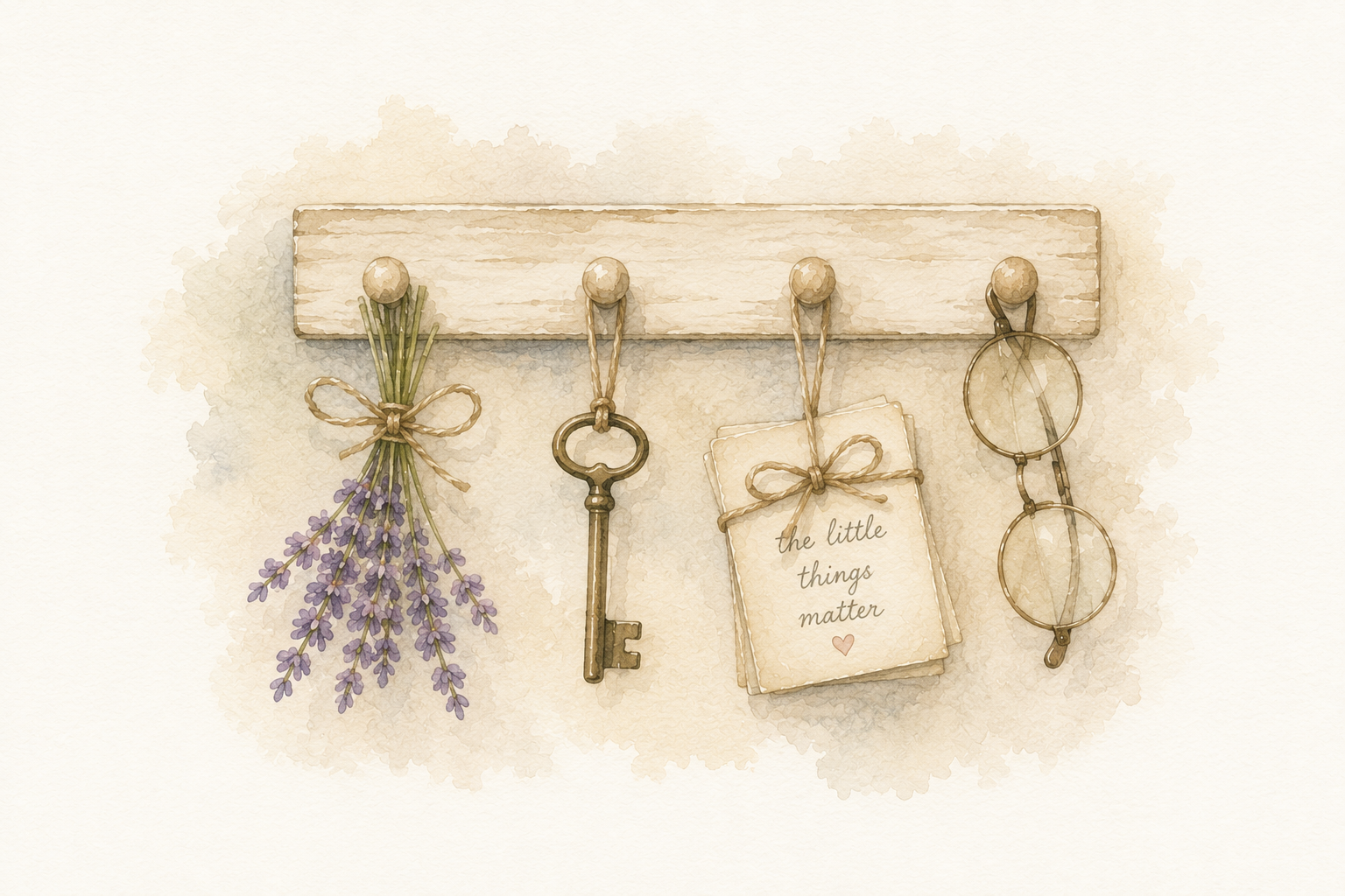 Decorative wall hanging with lavender bouquet, vintage key, note card reading 'the little things matter', and a pair of glasses.