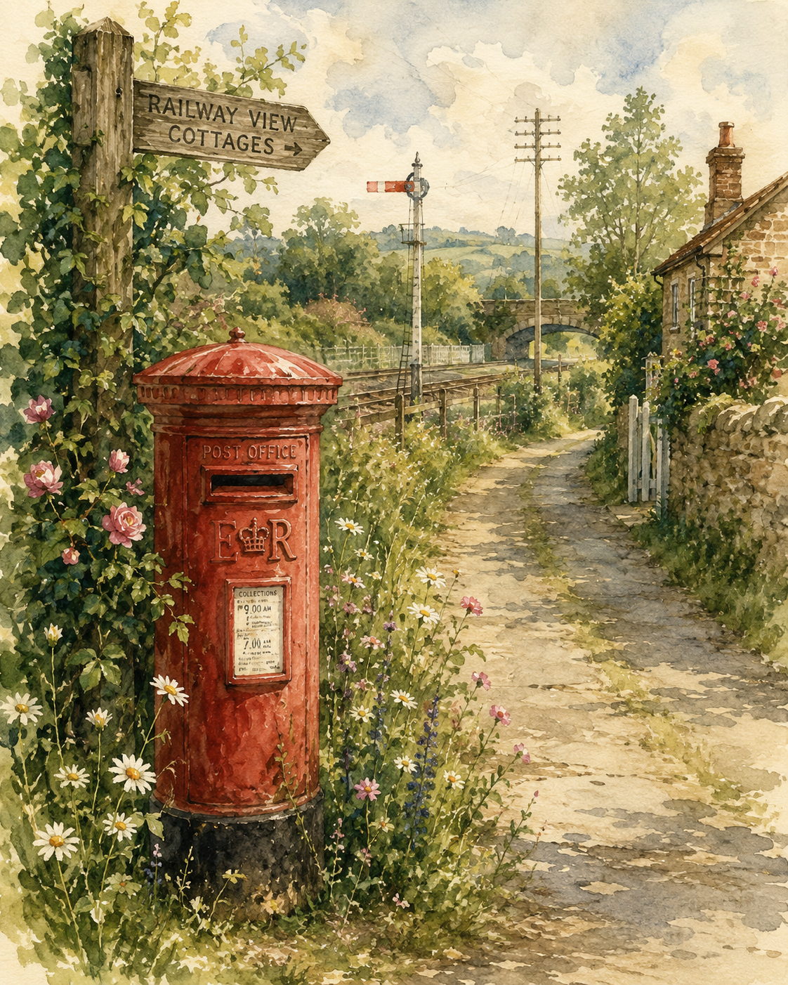 A watercolor painting of a rural scene with a red post box on the left, surrounded by flowers. A dirt footpath runs alongside a stone wall, leading to a railway track in the distance. There are railway signals and electric poles, with hills and trees in the background under a partly cloudy sky.