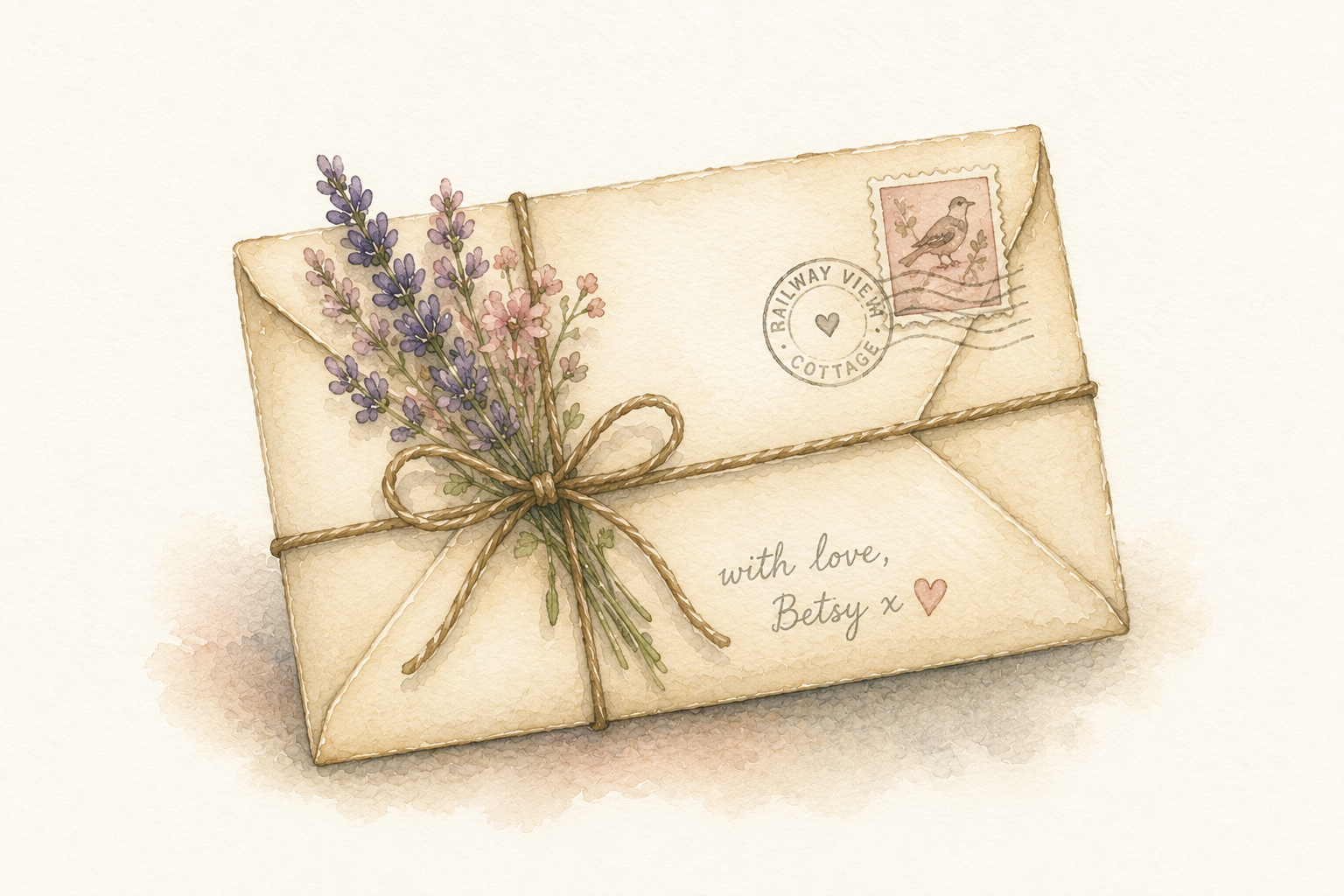 A vintage envelope decorated with a sprig of lavender and pink flowers tied with a string, featuring a postage stamp with a bird and a watermark stamp that reads "Railway View Cottage." The envelope has a handwritten note that says "with love, Betsy x" with a small heart.