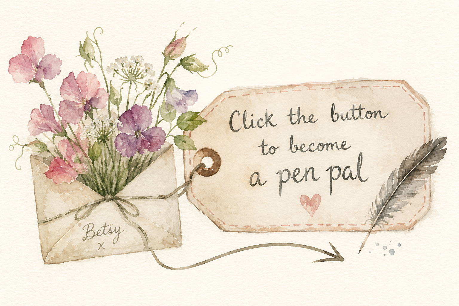 Watercolor illustration of a bouquet of pink and purple flowers in an envelope labeled 'Betsy x', with a note saying 'Click the button to become a pen pal' and an arrow pointing to a feather quill.