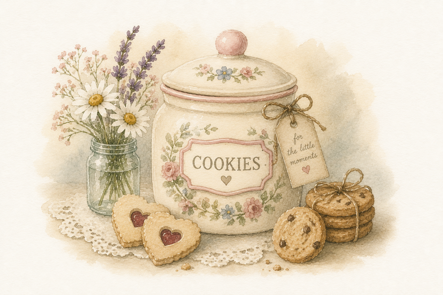 A vintage-style illustration of a jar of cookies labeled "Cookies", with two heart-shaped cookies with jam and round cookies with chocolate chips, a bouquet of daisies and lavender in a glass jar, all on a white lace doily.