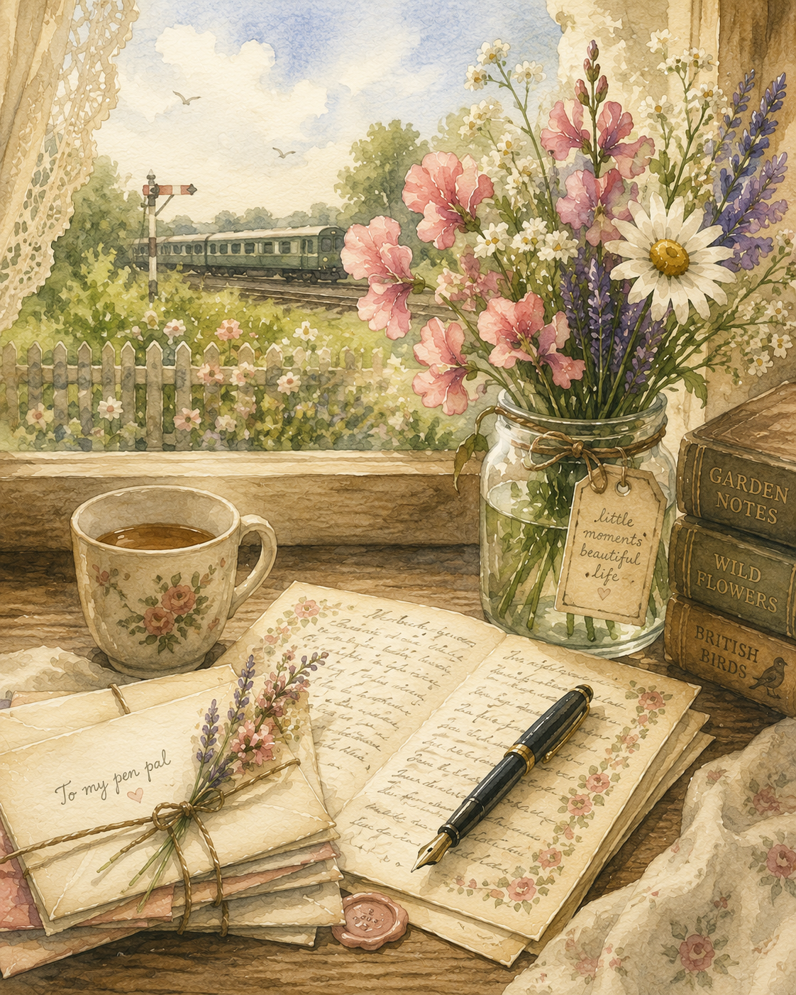 A cozy scene with a view of a train passing by outside a window. Inside, a desk holds a teacup filled with tea, a stack of handwritten letters tied with twine, an open journal with cursive writing, a black and gold fountain pen, a jar of wildflowers with a tag that reads "little moments, beautiful life," and a set of three vintage books titled "Garden Notes," "Wild Flowers," and "British Birds." Lace curtains frame the window, and the overall ambiance is warm and peaceful.