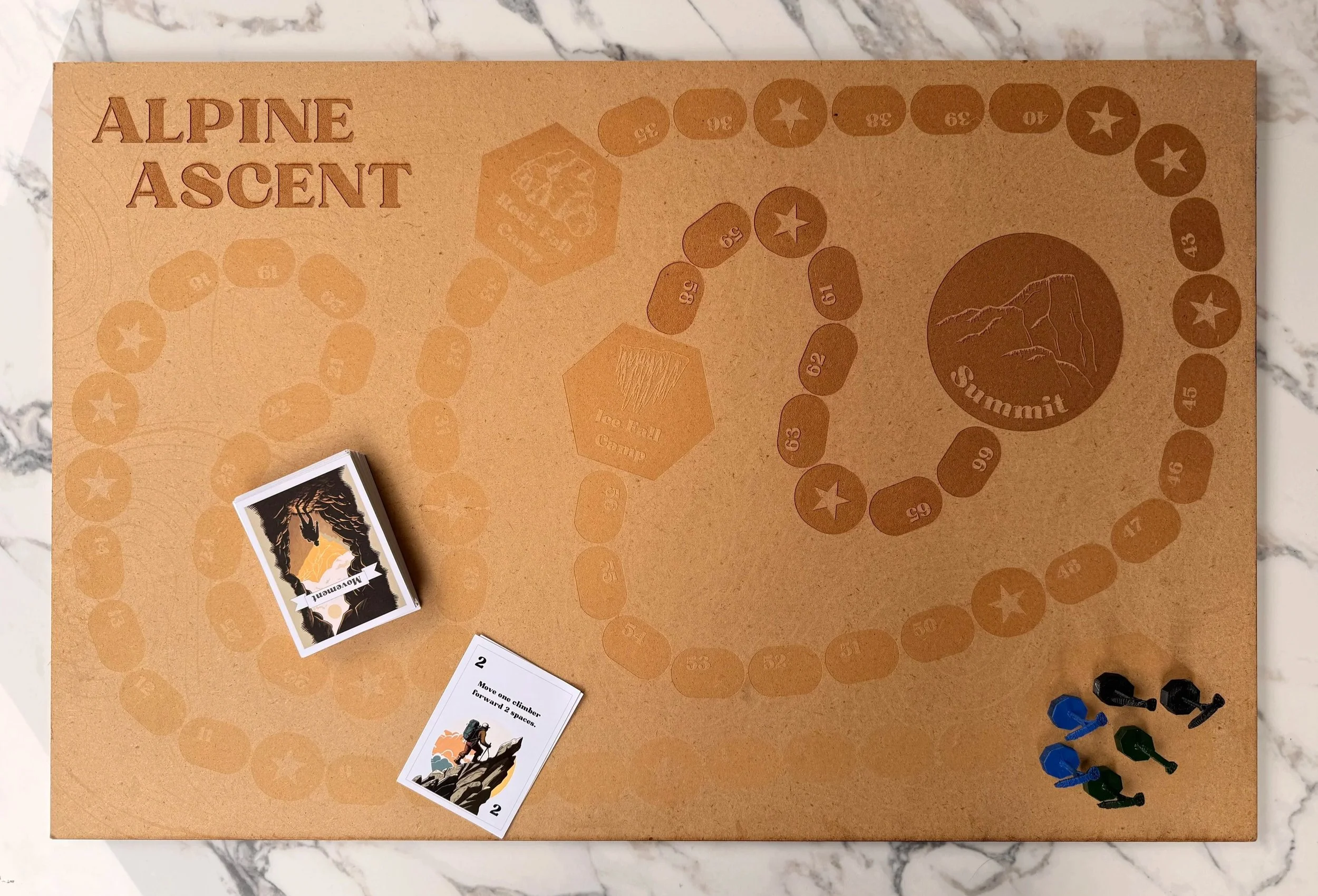 A game board titled 'Alpine Ascent' with numbered spaces, some marked with stars, and a mountain illustration labeled 'Summit'. There are tarot-style cards with adventure themes and various game pieces in blue, black, and green at the bottom right co