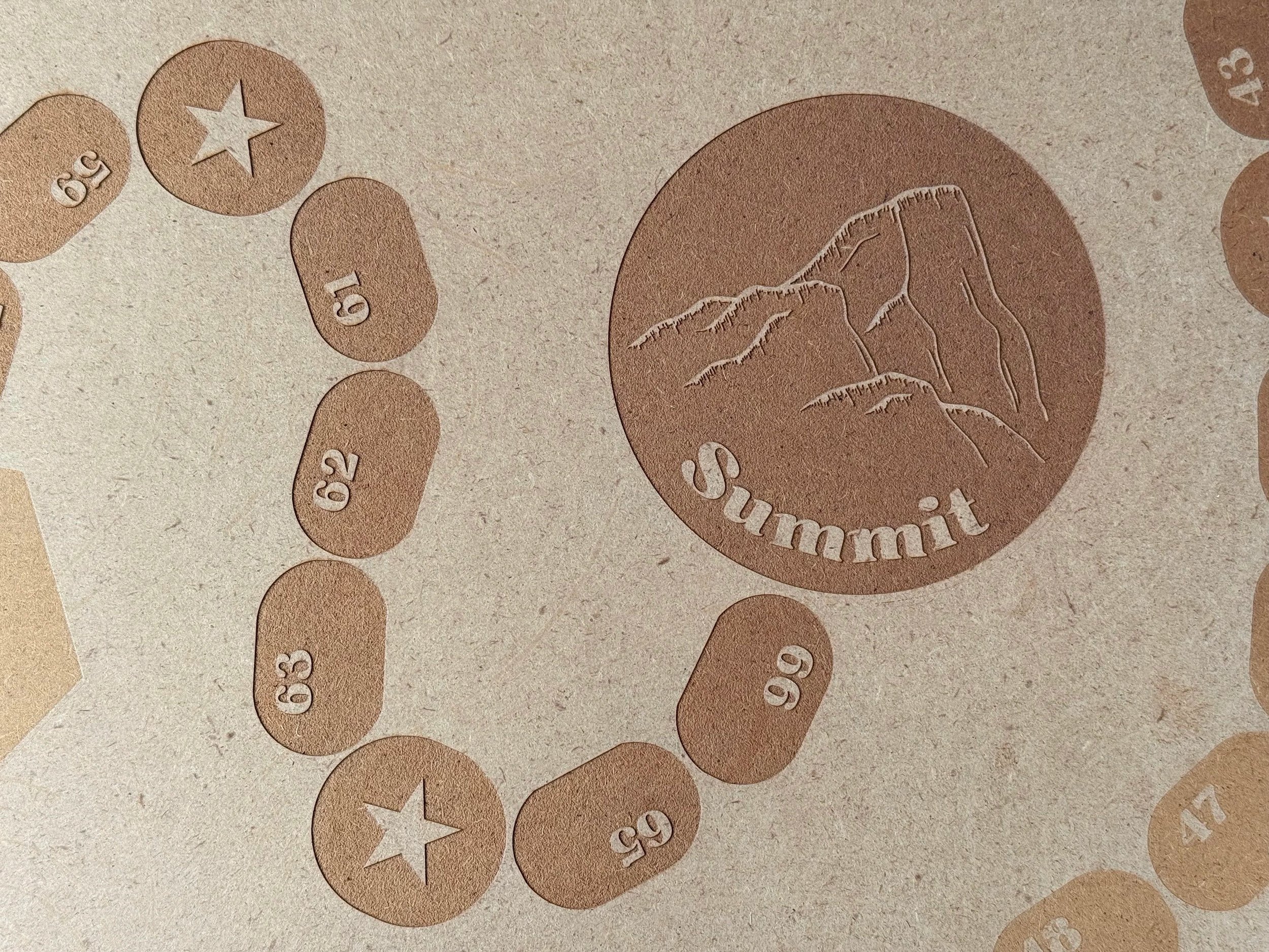 Close-up of a brown paper sheet featuring embossed coins and symbols, including a star, a mountain range, and the word 'summit'.