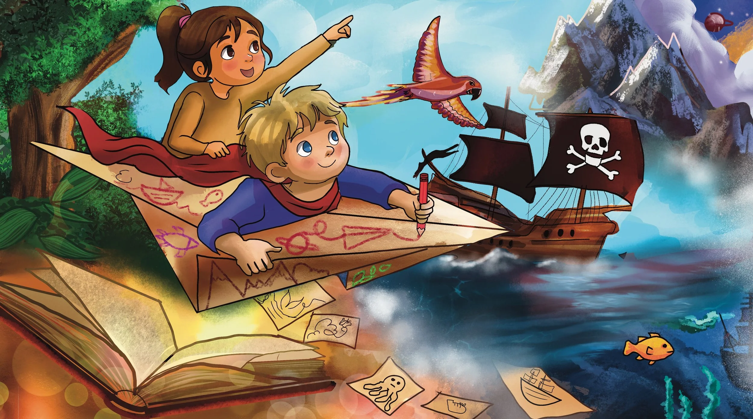 Two children riding a makeshift boat made of a large, open book with drawings on the pages, on a body of water. The girl is pointing and smiling, while the boy is drawing with a red crayon. In the background, a colorful parrot flies above a pirate ship with a skull and crossbones flag, and a mountainous landscape with stars in the sky.
