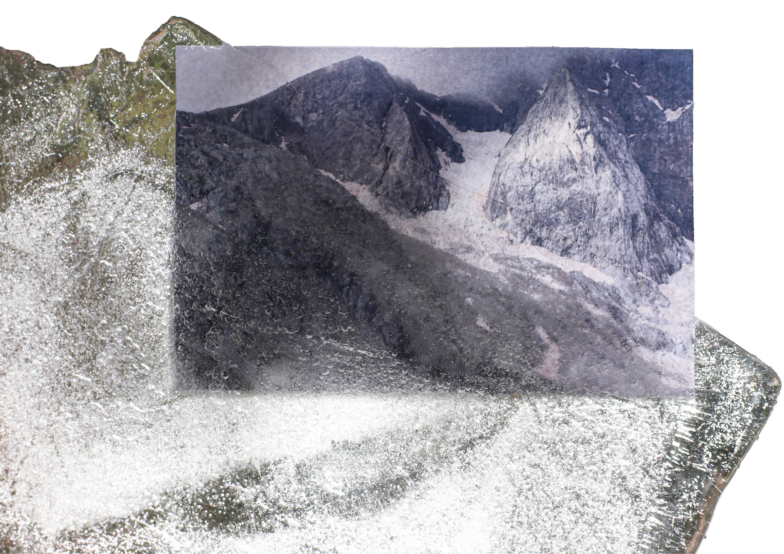 Close-up photograph of a mountain landscape printed on textured paper with water and snow.