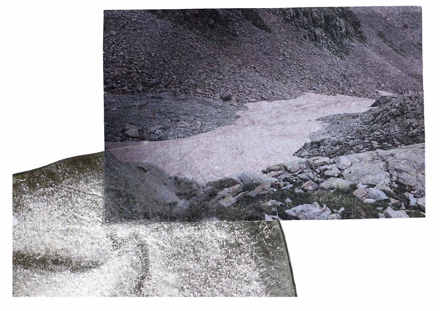 A collage of two images showing a rocky landscape and water with water splashing.
