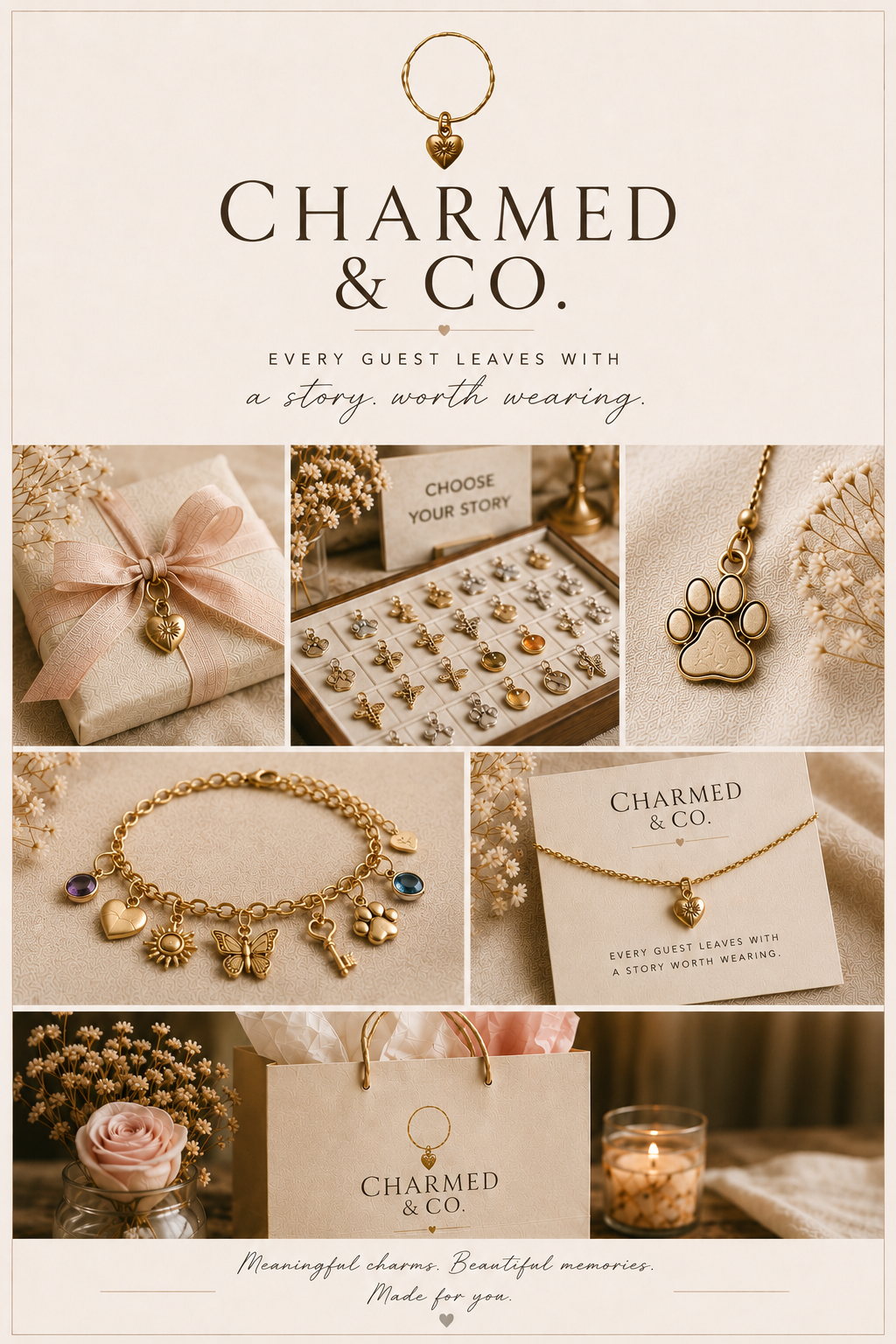 Display of jewelry and accessories from Charmed & Co., including necklaces, earrings, and charms, arranged on a soft background for gift-giving.