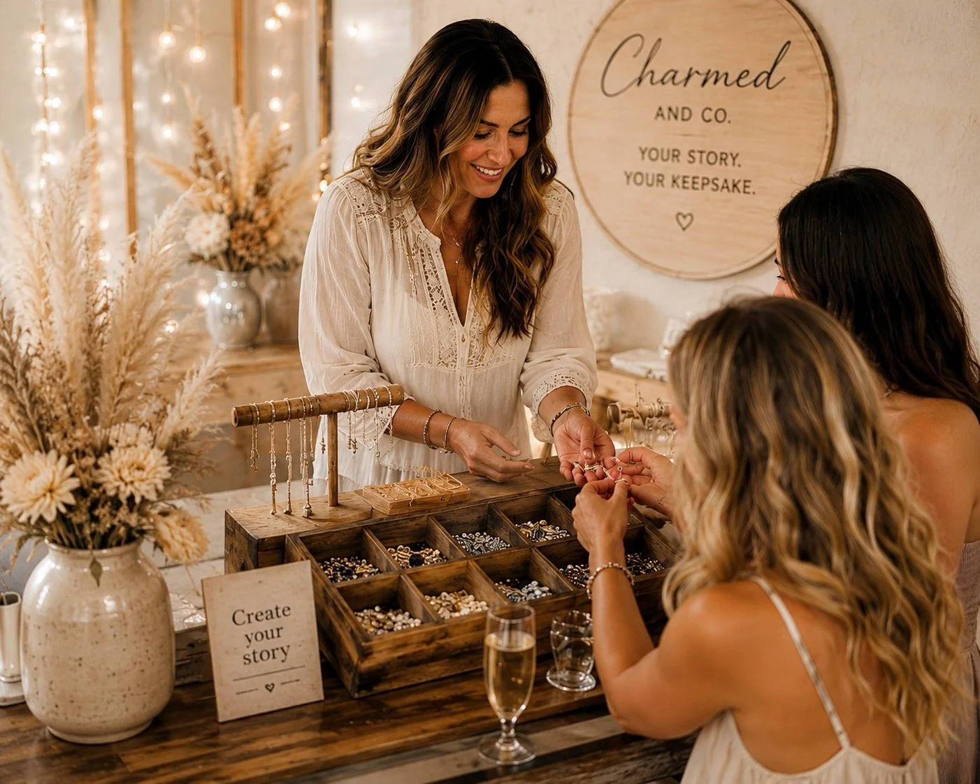 Guests creating personalized jewelry at the Charmed and Co. mobile charm bar.