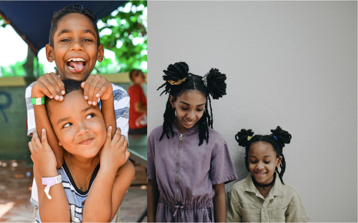 Split image of two children with pigtails, smiling and looking at each other indoors and outdoors.