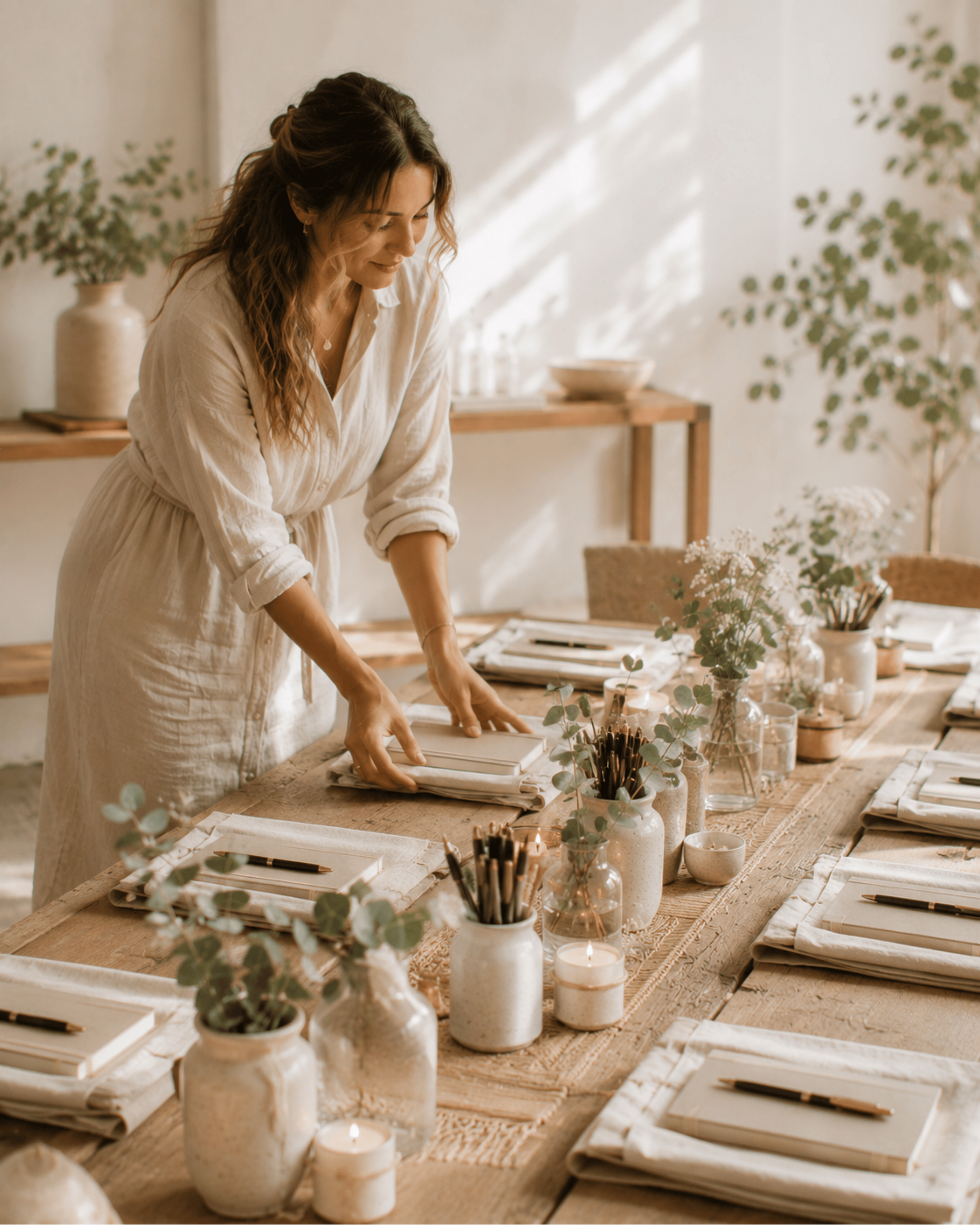 A woman with long brown hair working at a table decorated with white vases, candles, and greenery, in a well-lit room with a neutral color palette.