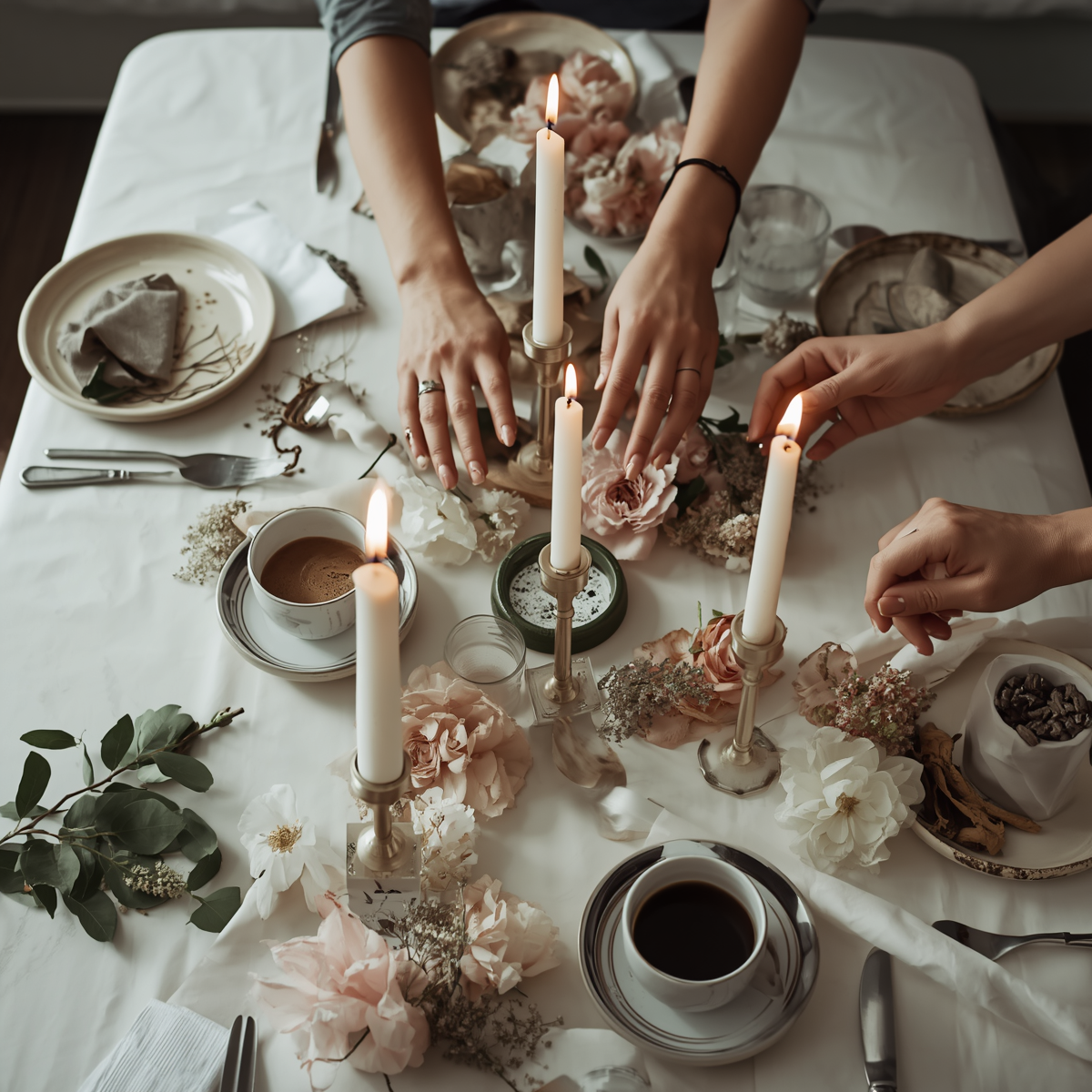 People lighting candles on a decorated dining table with flowers, cups of coffee, and plates.
