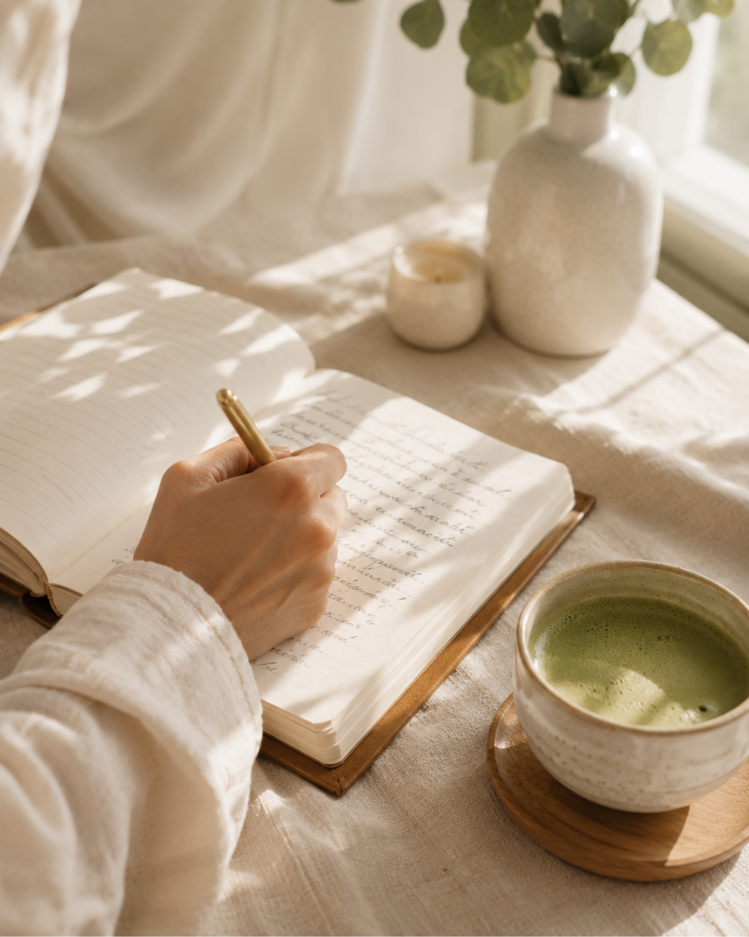 A person writing in a notebook with a gold pen on a table with two cups of green tea, a white ceramic vase with green leaves, and a small candle, all bathed in natural sunlight.
