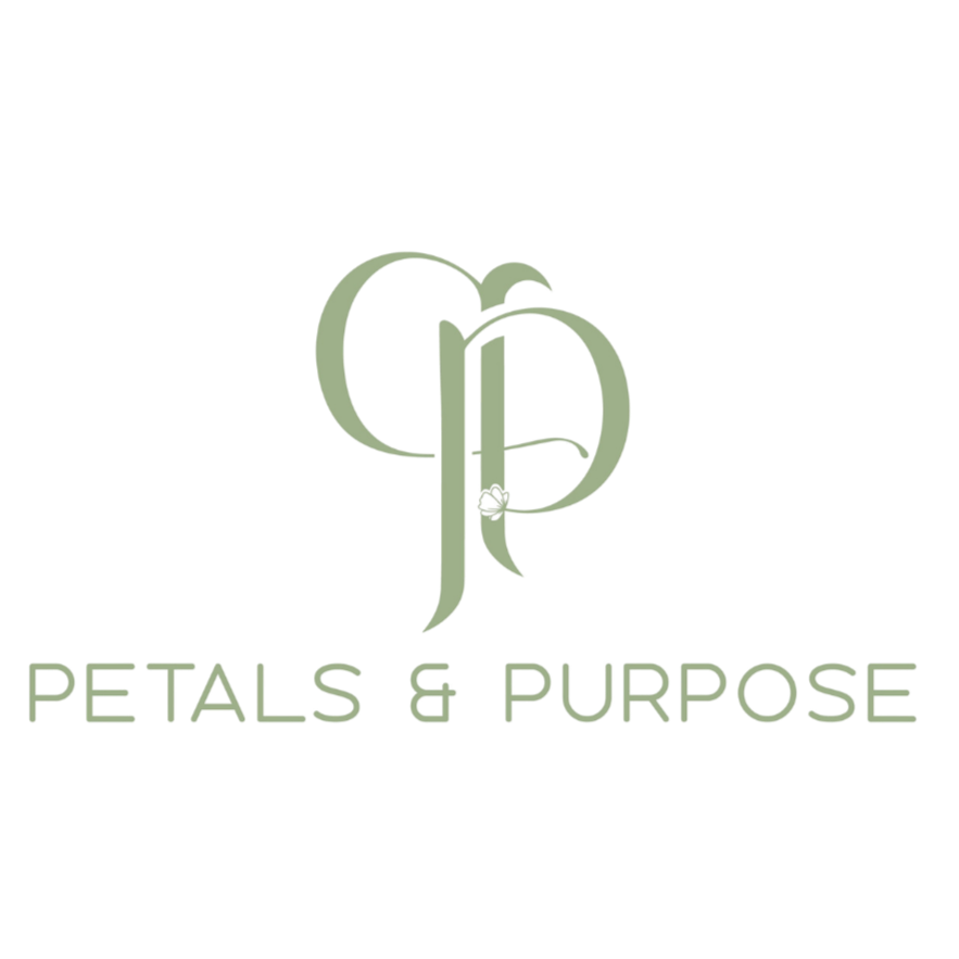Logo with stylized 'P' and 'P' intertwined in green, above the text 'Petals & Purpose' in matching green font.
