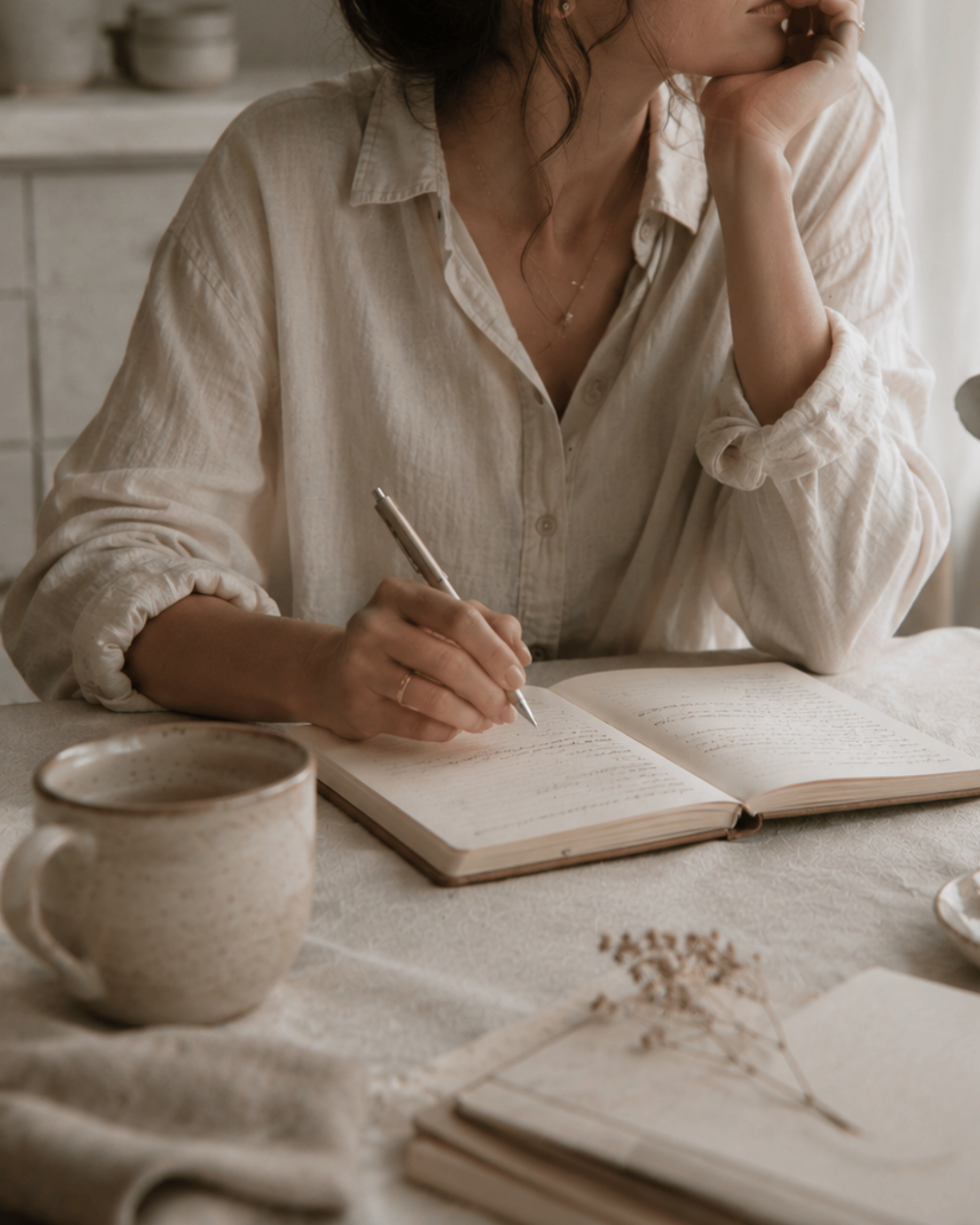 A woman in a cream-colored shirt sitting at a table, writing in a notebook, with a mug in the foreground and a coffee dish in the background.