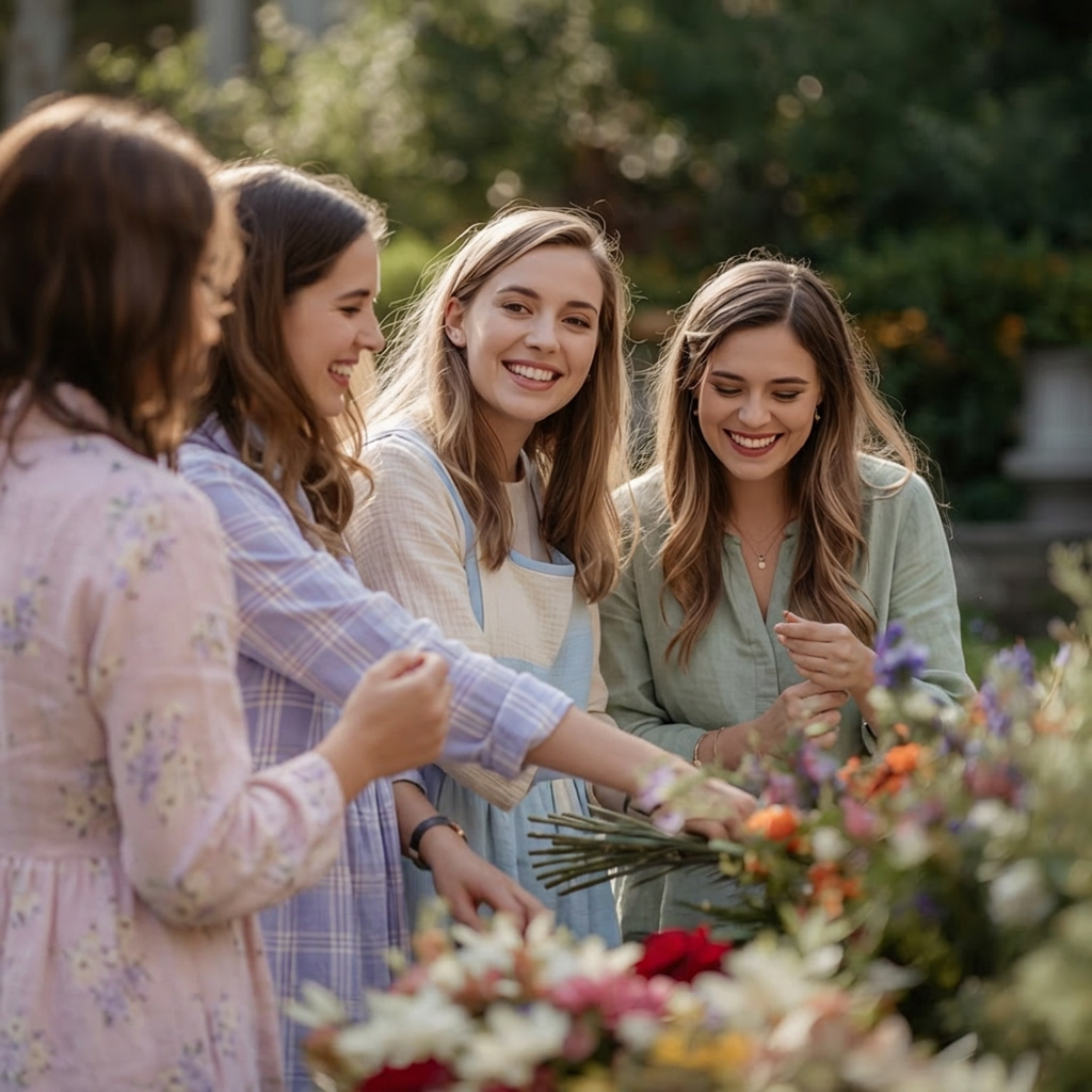 Four women smiling and styling flowers in a garden during daytime.