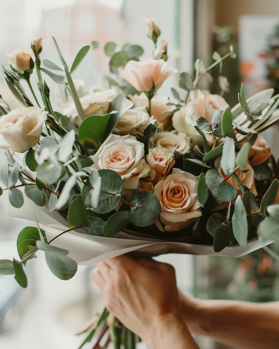 Person holding a bouquet of pale pink roses and green foliage.