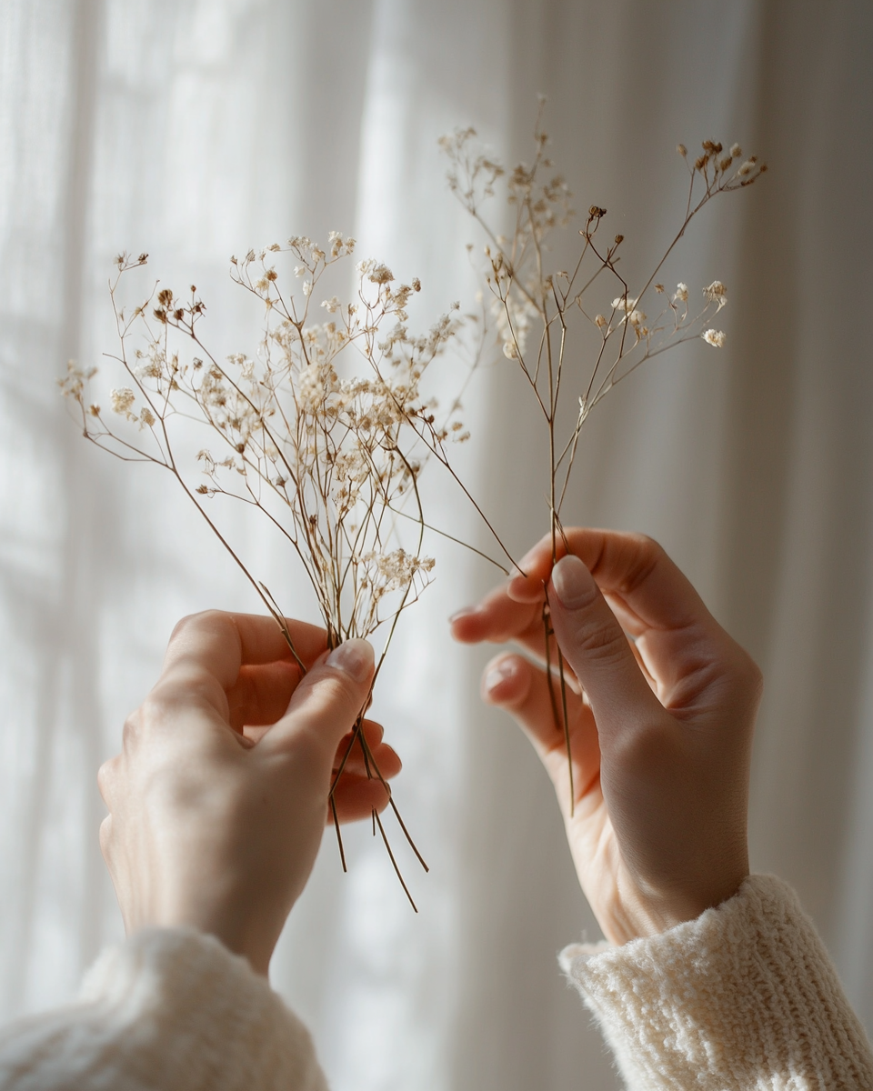 Hands holding dried white flowers against a softly lit, neutral background.