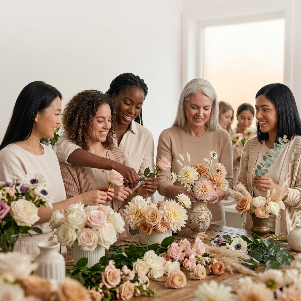 A group of women of diverse ethnicities arranging and admiring floral arrangements on a table.
