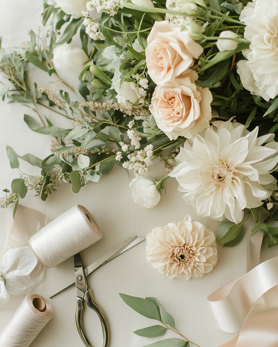 Arranged white and blush flowers, green leaves, and floral supplies including scissors, thread, ribbon, and decorative elements for flower arrangement or decoration.