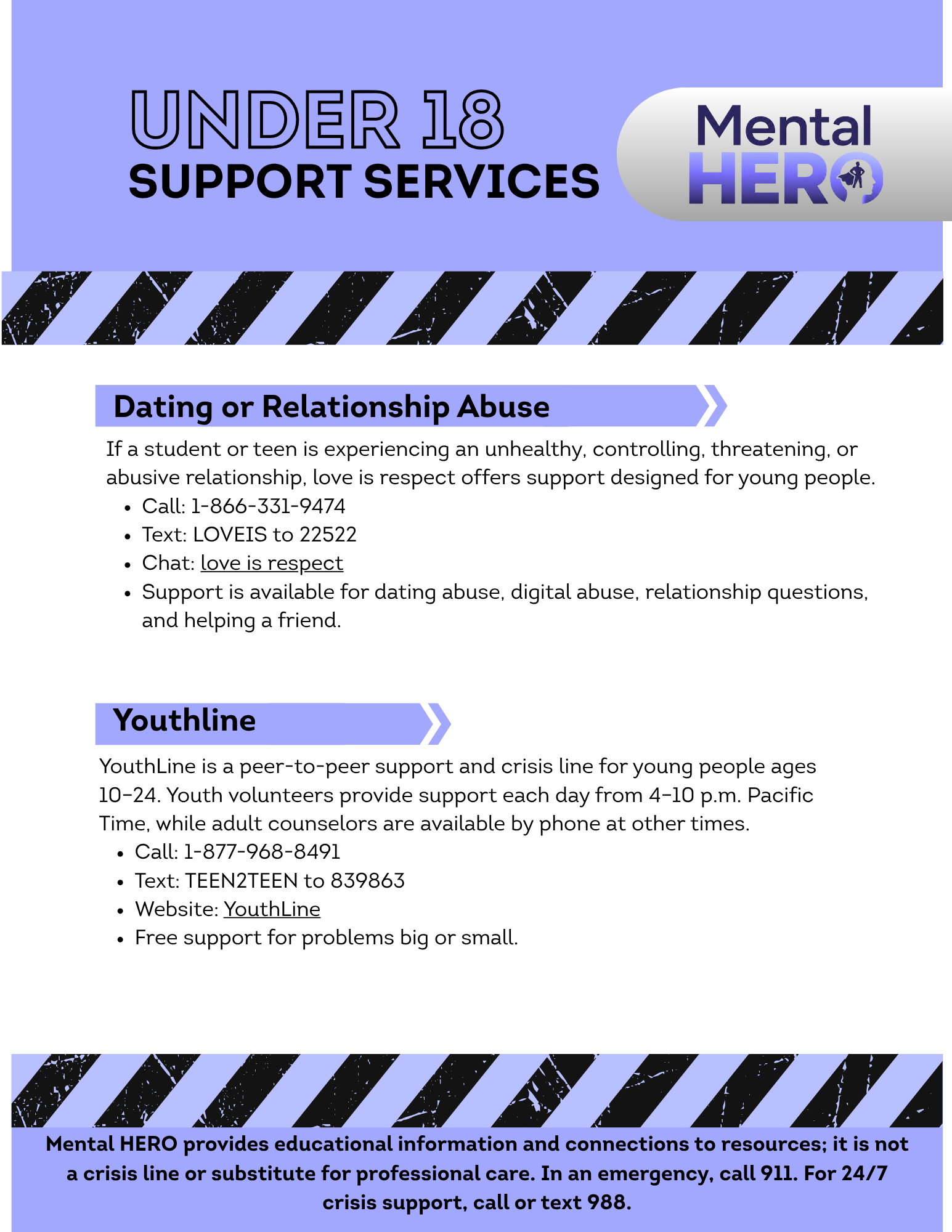 Flyer for under 18 mental health support services, including information on dating and relationship abuse, youthline support, and emergency crisis support.
