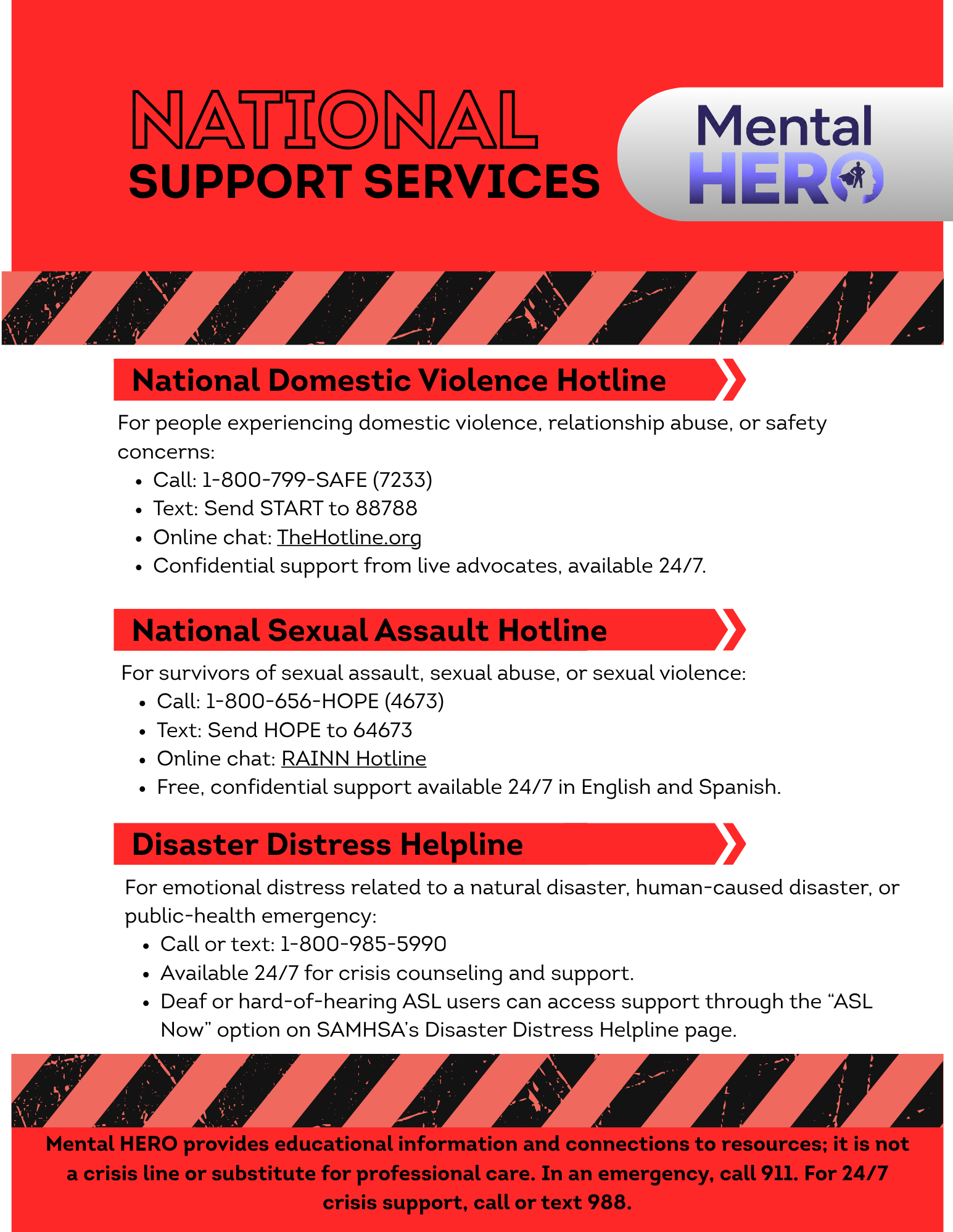 A graphic with information about various national hotlines for mental health, domestic violence, sexual assault, and disaster distress support, featuring red and black caution stripes and text outlining contact details and resources.