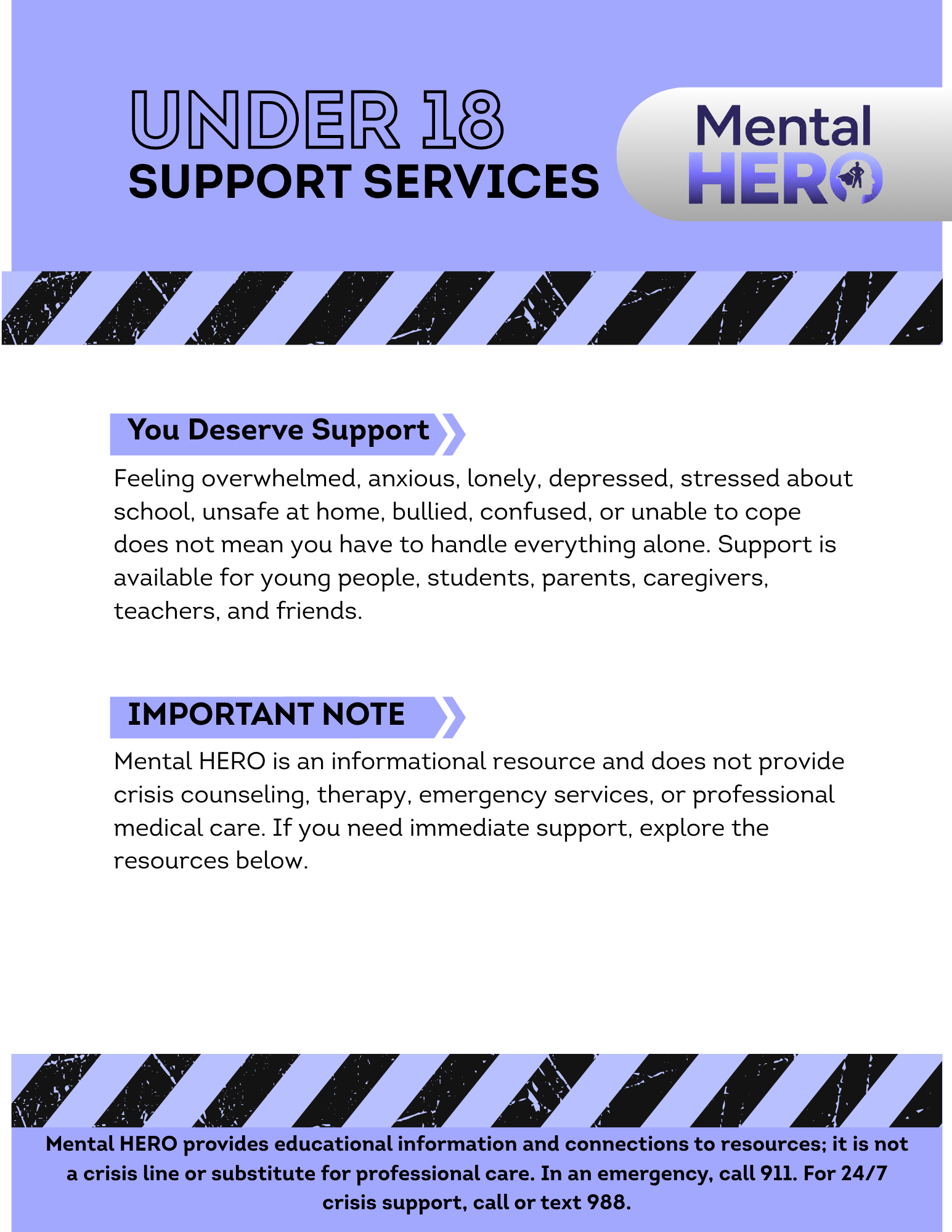 Information about mental health support services for individuals under 18, including encouragement to seek help, understand signs of mental health issues, and contact resources for crisis services.