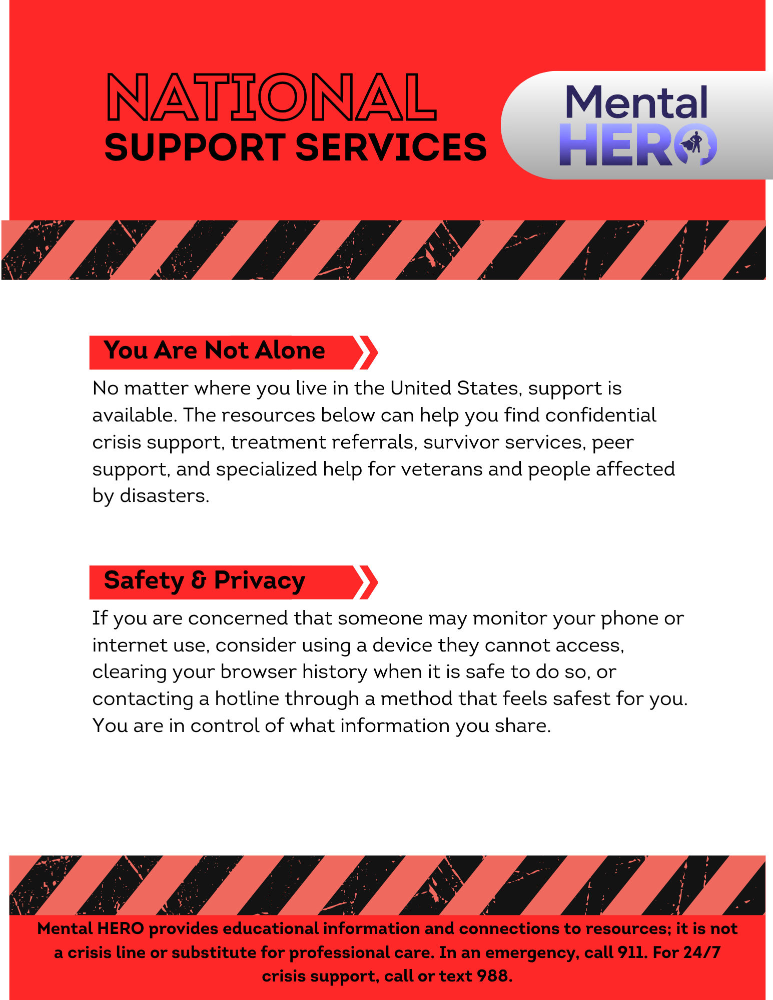 Red and black striped caution tape with a label for National Support Services and a blue and gray logo for Mental HERO. Text about mental health resources, support, and confidentiality, and a warning about the non-crisis nature of the service with a 911 emergency contact statement.