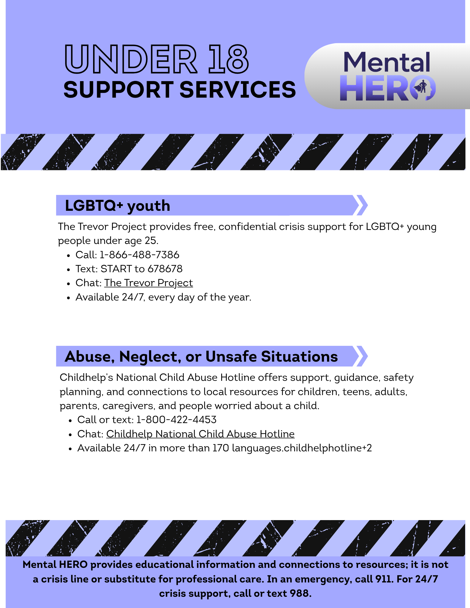 Flyer promoting mental health support services for under 18, LGBTQ+ youth, and abuse, neglect, or unsafe situations, provided by the Mental Hero program.