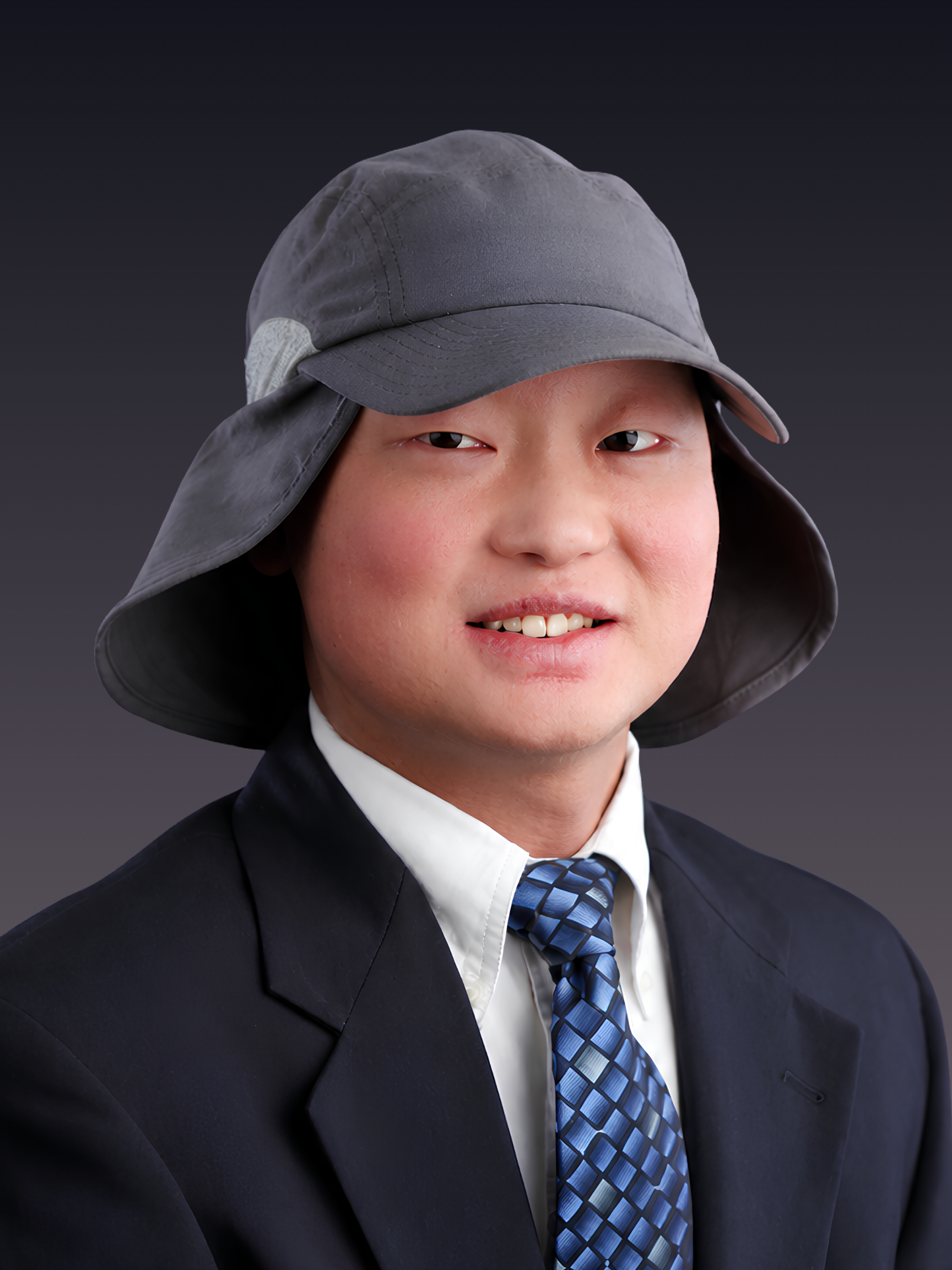 A young boy dressed in a formal suit, white shirt, and blue patterned tie, wearing a gray hat with a wide brim.