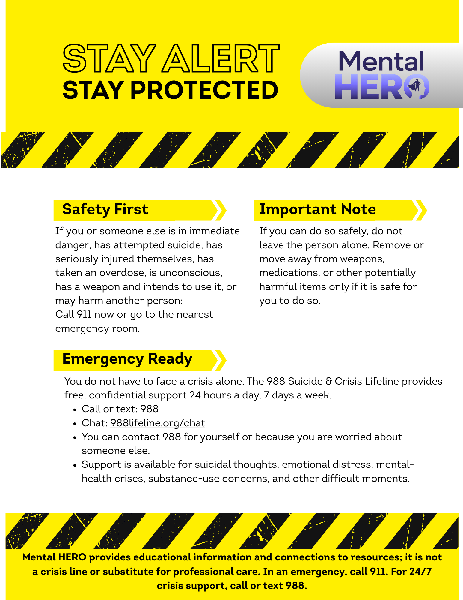 Yellow and black striped warning graphic with mental health safety information, including stay alert and stay protected messages, and contact details for crisis support, mental health resources, and suicide prevention.