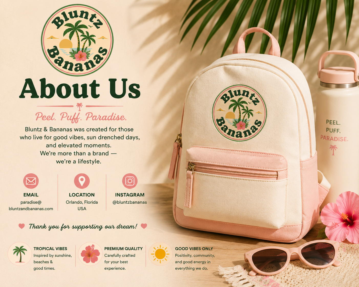 An indoor scene featuring a Bluntz & Bananas backpack with a matching water bottle, pink sunglasses, a pink hibiscus flower, and palm leaves in the background. The image includes a description of the brand's ethos, contact information, and icons representing their tropical vibes, premium quality, and positive energy.