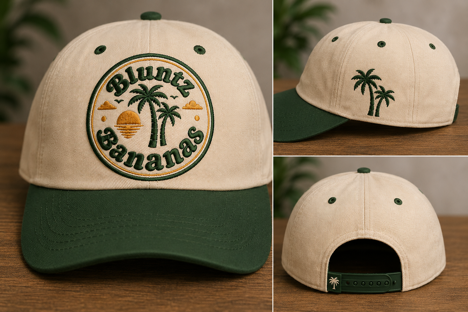 A beige and green baseball cap with embroidered design of a sunset over water and palm trees, and the words 'Bluntz' and 'Bananas'. The back has an adjustable strap with a small palm tree logo.