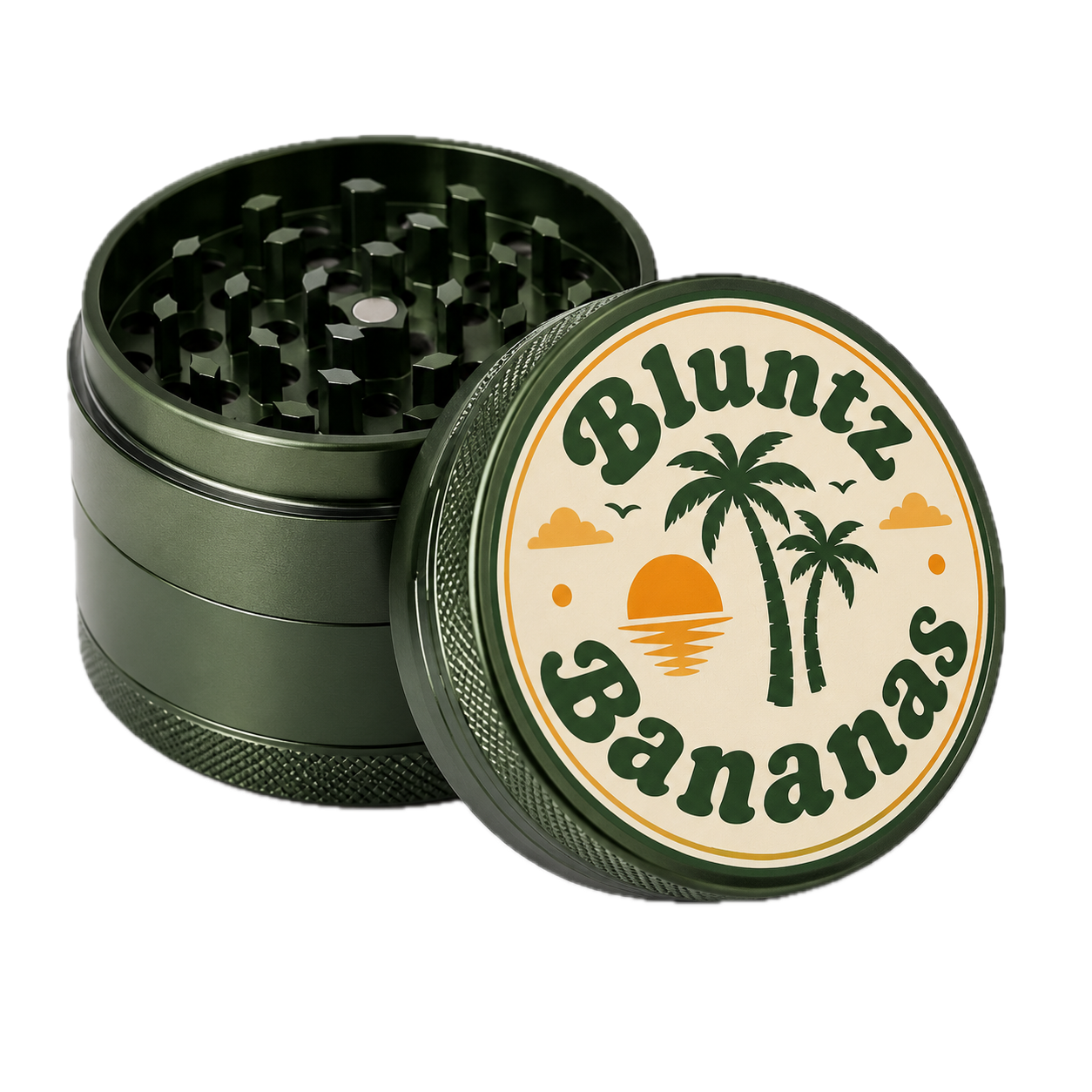Green metal herb grinder with a lid labeled 'Bluntz Bananas' featuring palm trees, a sunset, and clouds