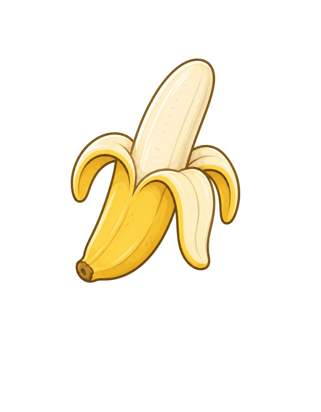 Illustration of a peeled banana with the peel partly removed.
