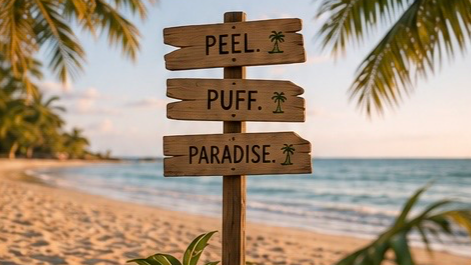 A wooden sign on the beach with the words 'PEEL.', 'PUFF.', and 'PARADISE.' with palm tree symbols, overlooking the ocean and surrounded by palm trees and plants.