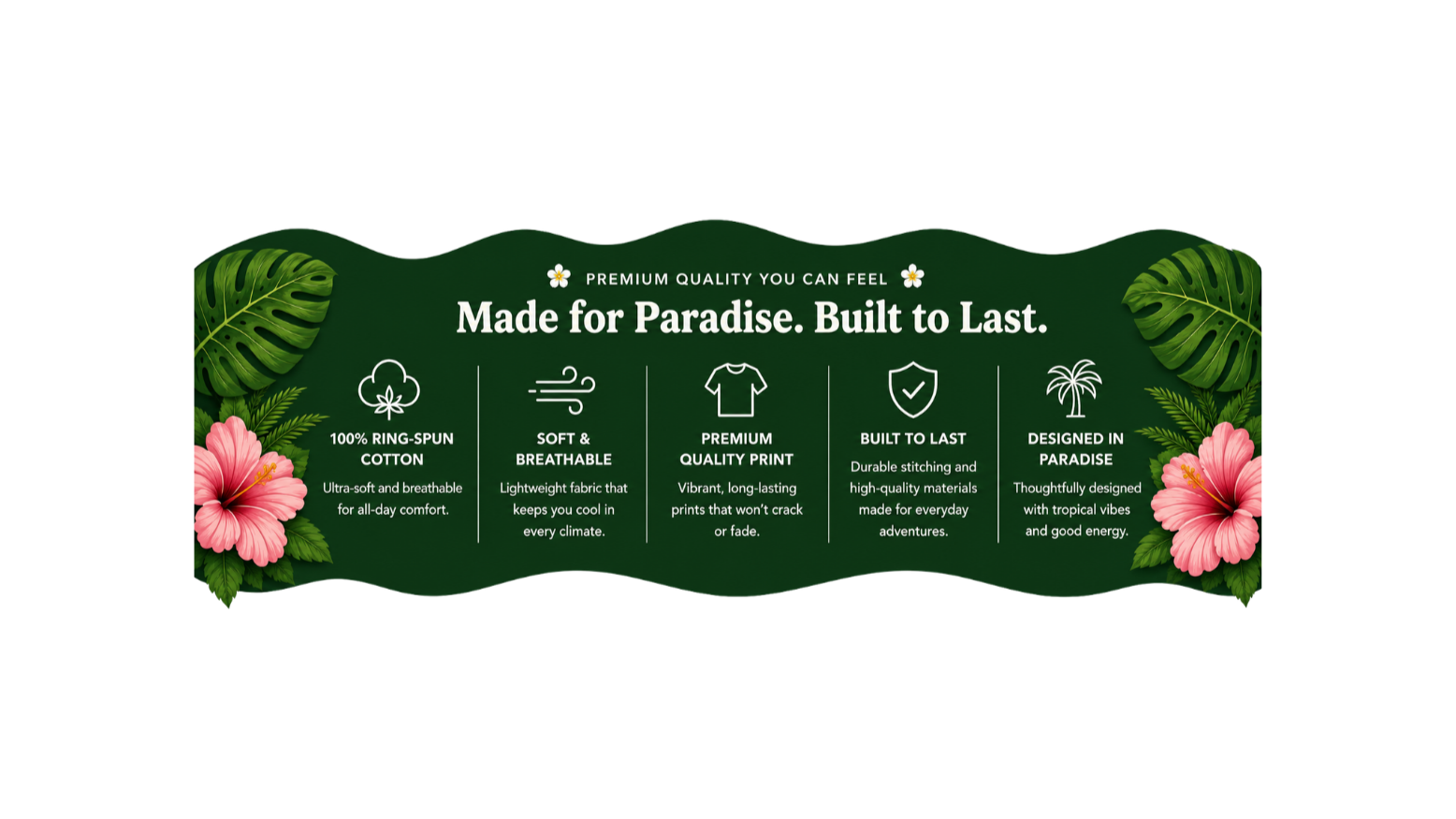 A green banner with tropical leaves and pink hibiscus flowers, displaying text about the qualities of a product, emphasizing premium quality, durability, and tropical design.
