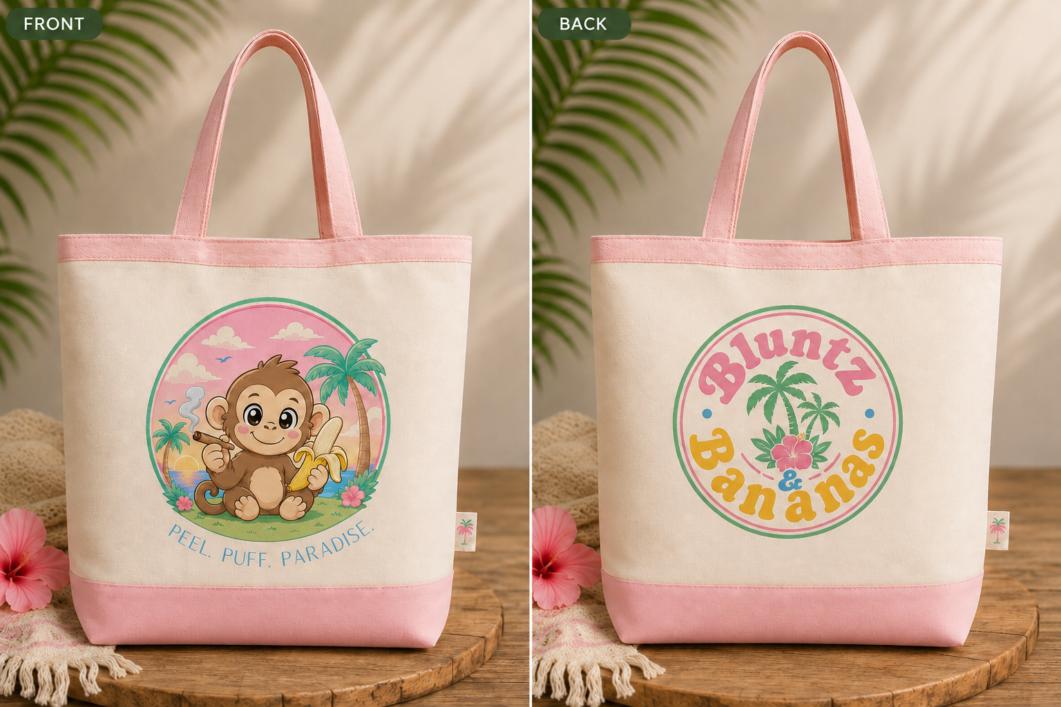 A beige tote bag with pink handles and bottom trim, featuring a cartoon monkey holding a peeled banana, with a tropical background of palm trees and pink hibiscus flowers, and the text "Peel. Puff. Paradise." on the front. The back has a circular logo with palm trees and the words "Bluntz & Bananas" in pink and yellow.