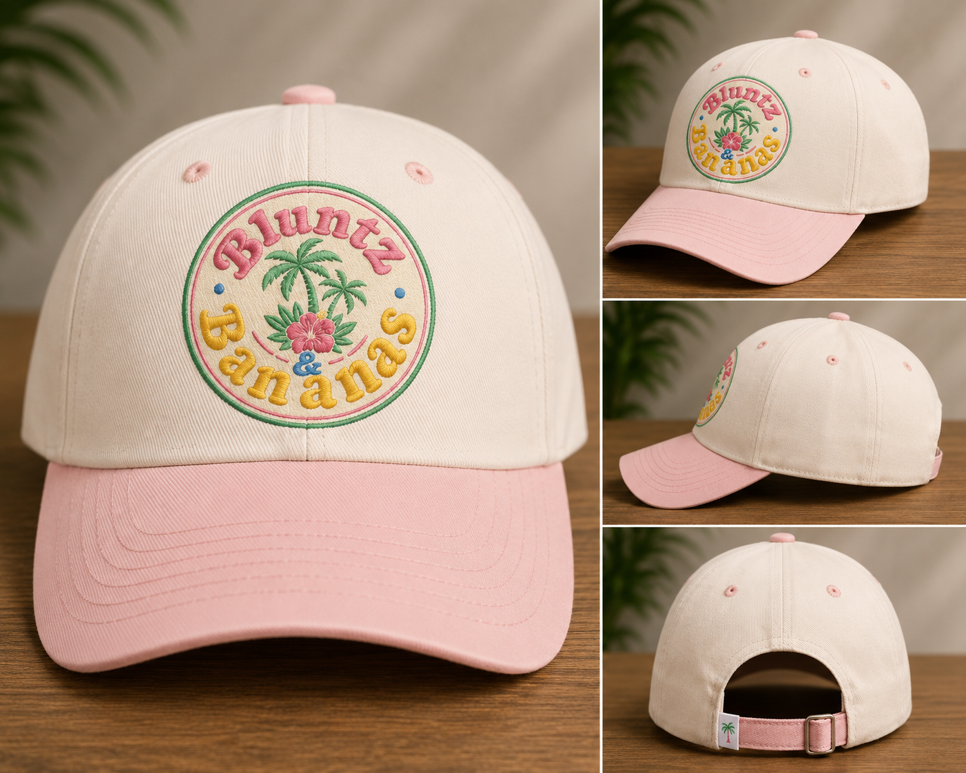 A beige and pink baseball cap with embroidered colorful text and design, featuring palm trees and a flower, reading "Bluntz Bananas".