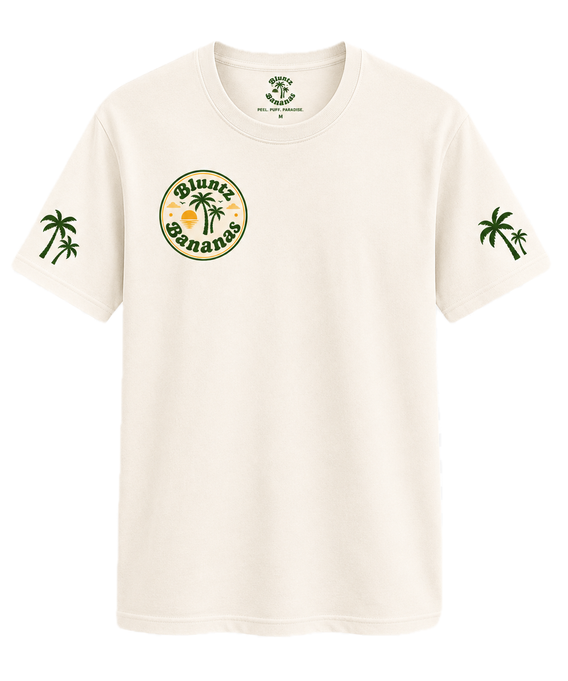 White T-shirt with green palm tree graphics on the sleeves and a circular logo on the chest reading 'Bluntz Bananas' with a palm tree and sunset illustration.