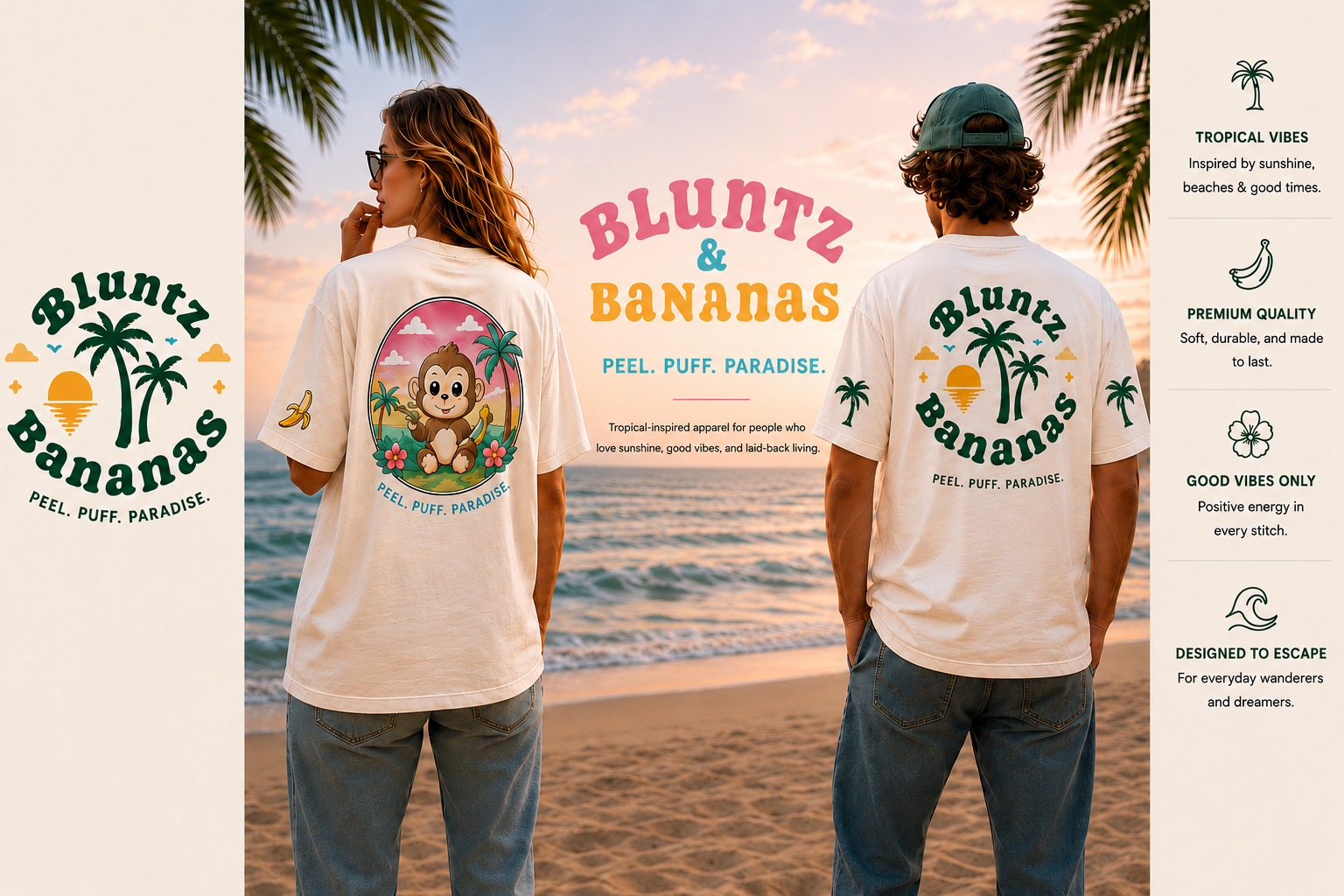 Two people stand on a beach at sunset, facing away from the camera, wearing matching T-shirts with tropical-themed graphics and text promoting 'Bluntz & Bananas.' The background features the ocean and palm trees.