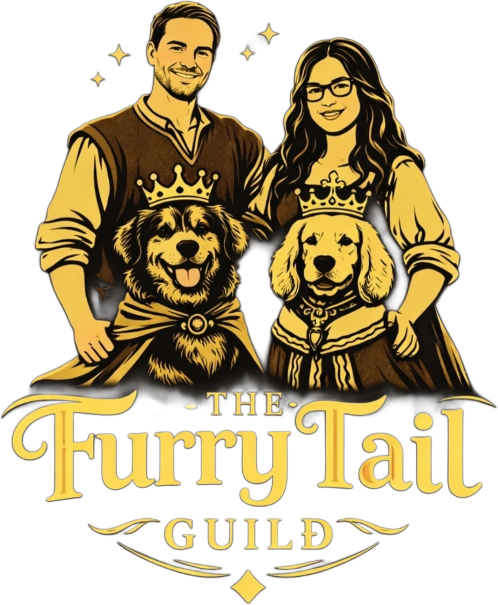 Illustration of a man, woman, and two dogs dressed as royalty with crowns. The man and woman are smiling, and the dogs are wearing crowns and capes. Text reads 'The FurryTail Guild'.
