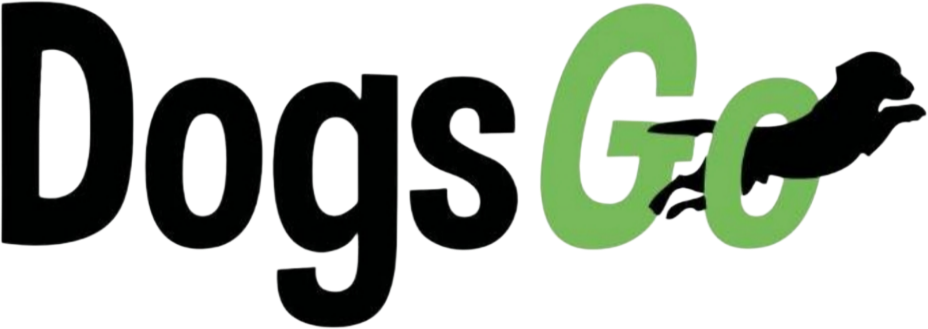 Logo with the words 'Dogs Go' and a silhouette of a running dog in black and green.