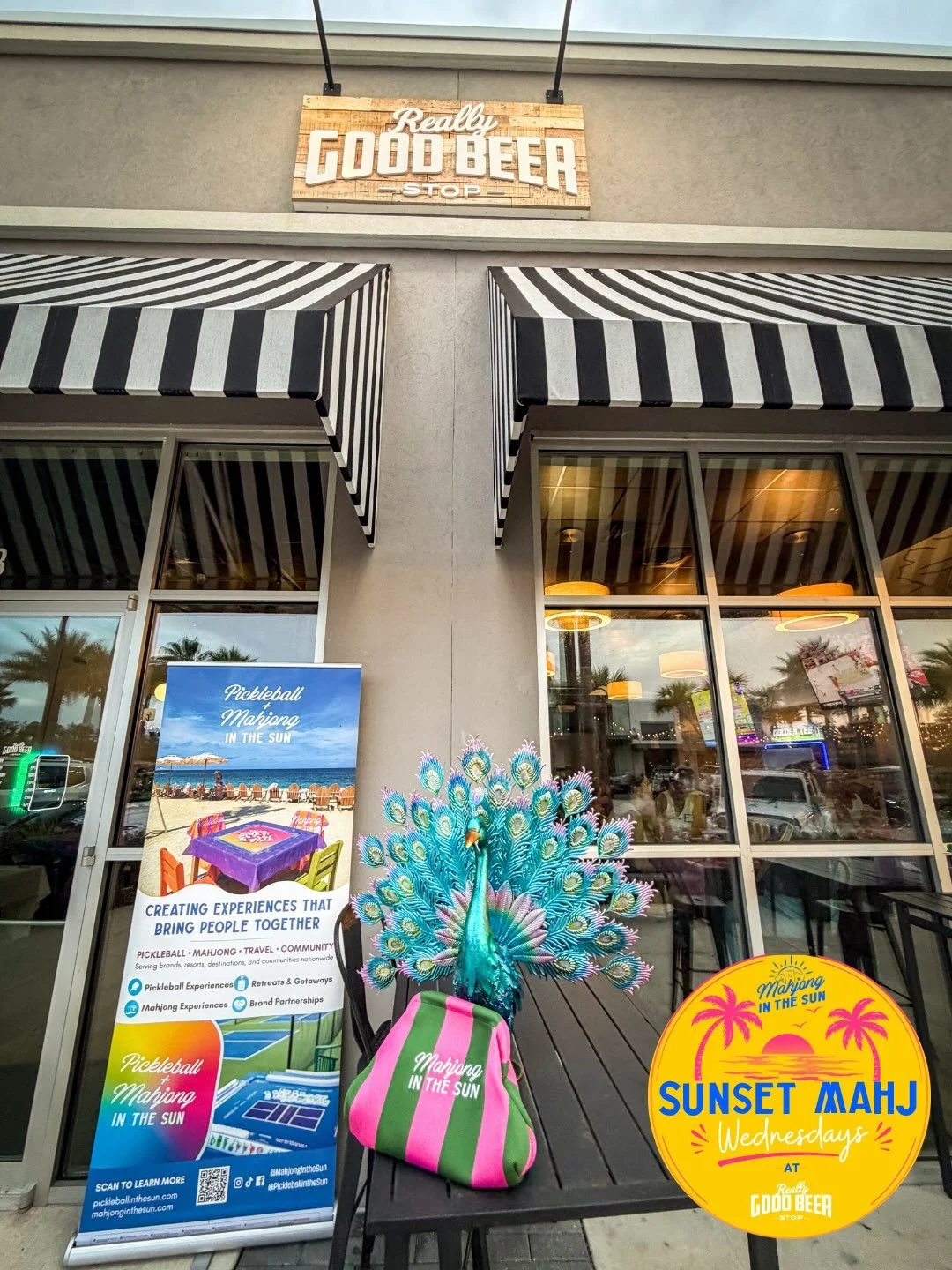Such a fun night at our first-ever Sunset Mahj Wednesday @reallygoodbeerstopnocatee! Congrats to Wendy on being the peacock 🦚 champion of the night with 130 points. Join us next Wednesday and reserve your spot for open play as we do it again next we