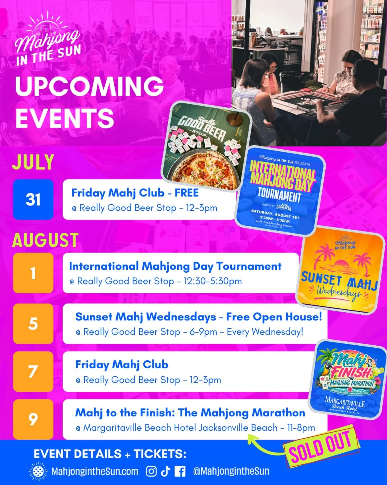 AUGUST IS STACKED. 🀄️MORE EVENTS ON THE WEBSITE! 

From Friday Mahj Club and our International Mahjong Day Tournament to the launch of Sunset Mahj Wednesdays and our sold-out Mahjong Marathon @margaritavillejacksonville, we can&rsquo;t wait to spend