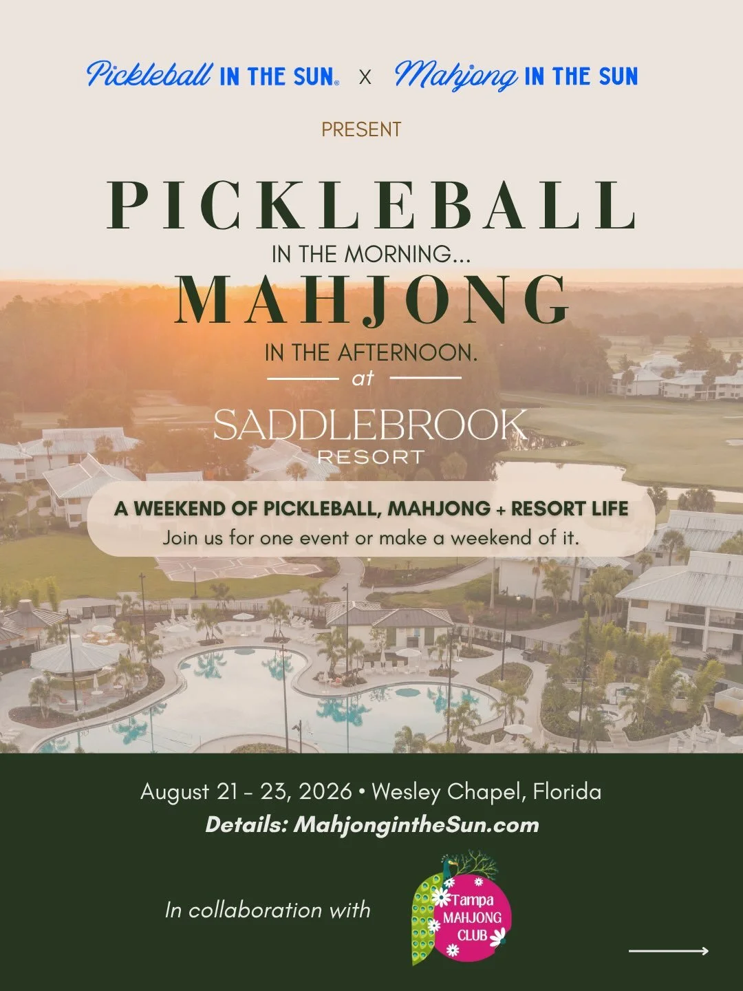 Pickleball in the morning&hellip; Mahjong in the afternoon @saddlebrookresort. 

We&rsquo;re bringing the pickleball + mahjong community together at Saddlebrook Resort August 21&ndash;23 for a weekend of play, competition + resort life!

Join @pickle