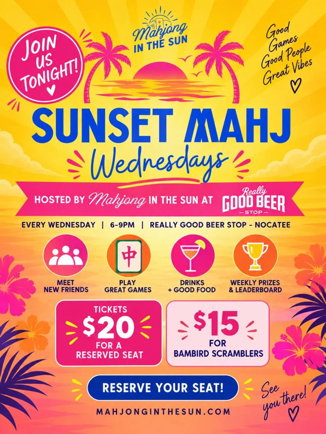 Join us for Sunset Mahj Wednesday at Really Good Beer Stop Nocatee from 6&ndash;9PM TONIGHT! 

Come play, meet new Mahj friends, enjoy pizza + drinks, and start working your way up our September Sunset Mahj Leaderboard! 🏆

✨ Weekly prizes
✨ Hosted g