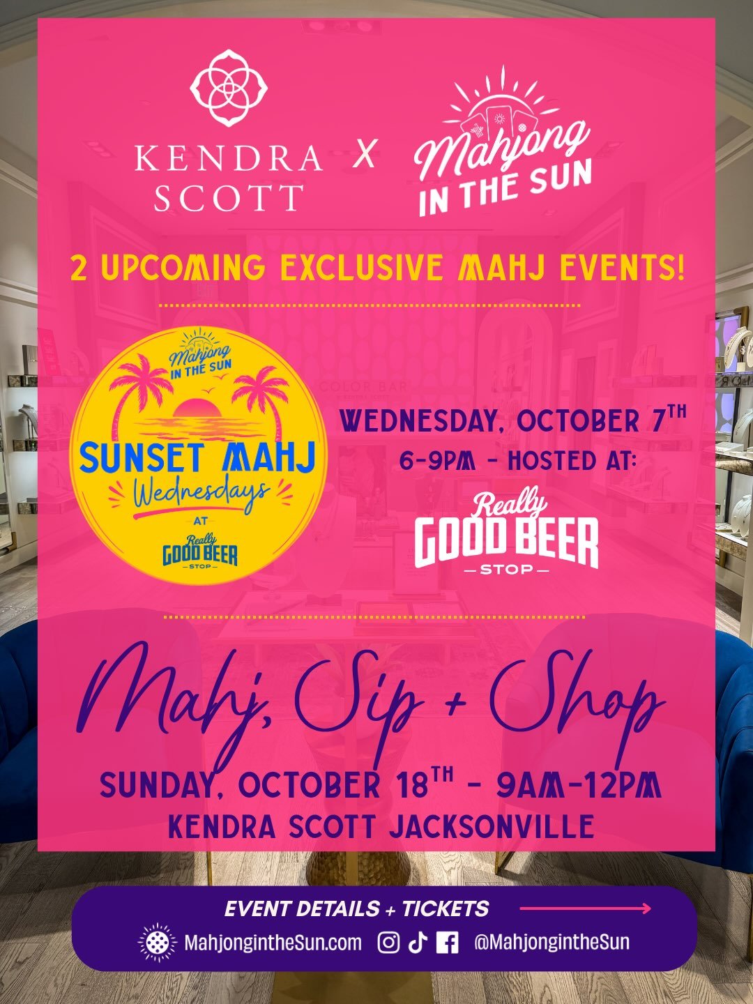 We&rsquo;re so excited to partner with @kendrascott Jacksonville on TWO upcoming Mahjong events!

🌅 WEDNESDAY, OCTOBER 7 | 6&ndash;9PM
Kendra Scott Night at Sunset Mahj Wednesday
📍 @reallygoodbeerstopnocatee 

We&rsquo;re kicking things off with a 
